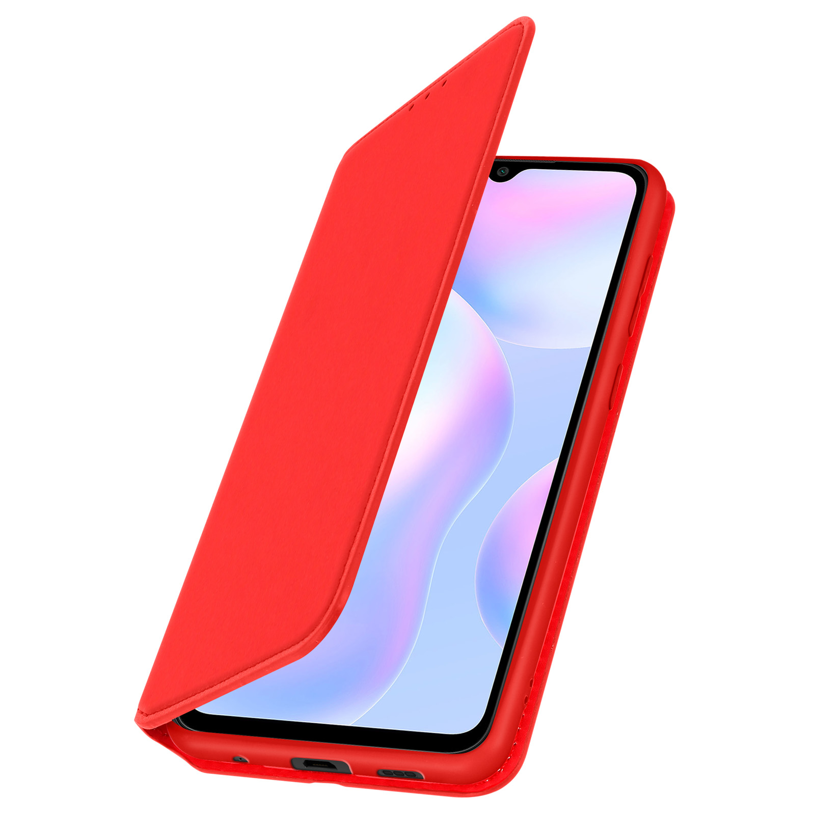 Custodia rossa per telefono aperta, schermo visibile. Il telefono è all'interno della custodia rossa.