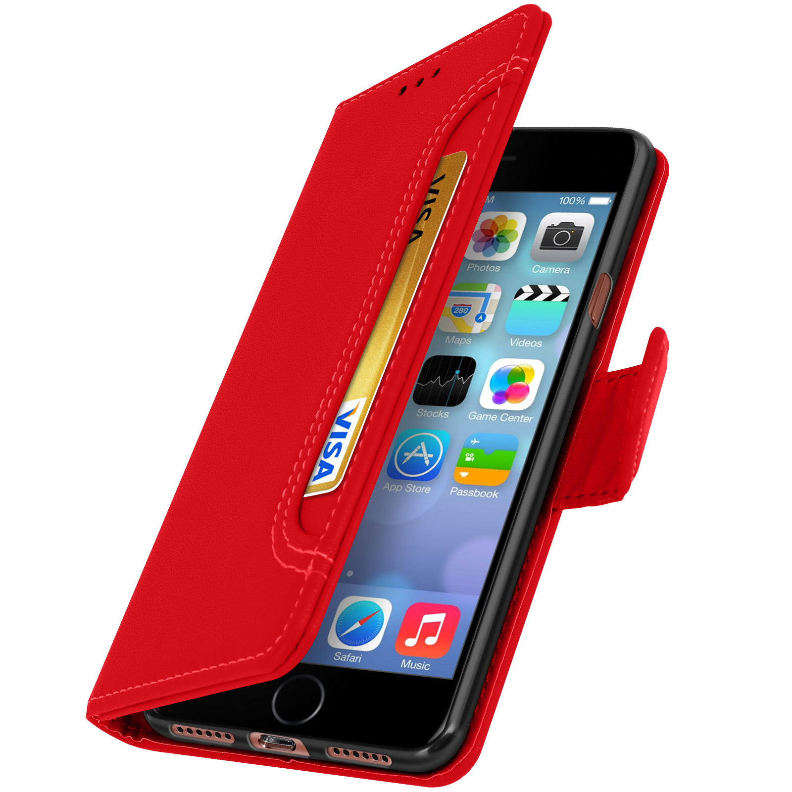 Una custodia per telefono rossa aperta, rivela un telefono e una carta di credito. Il telefono mostra una schermata iniziale.