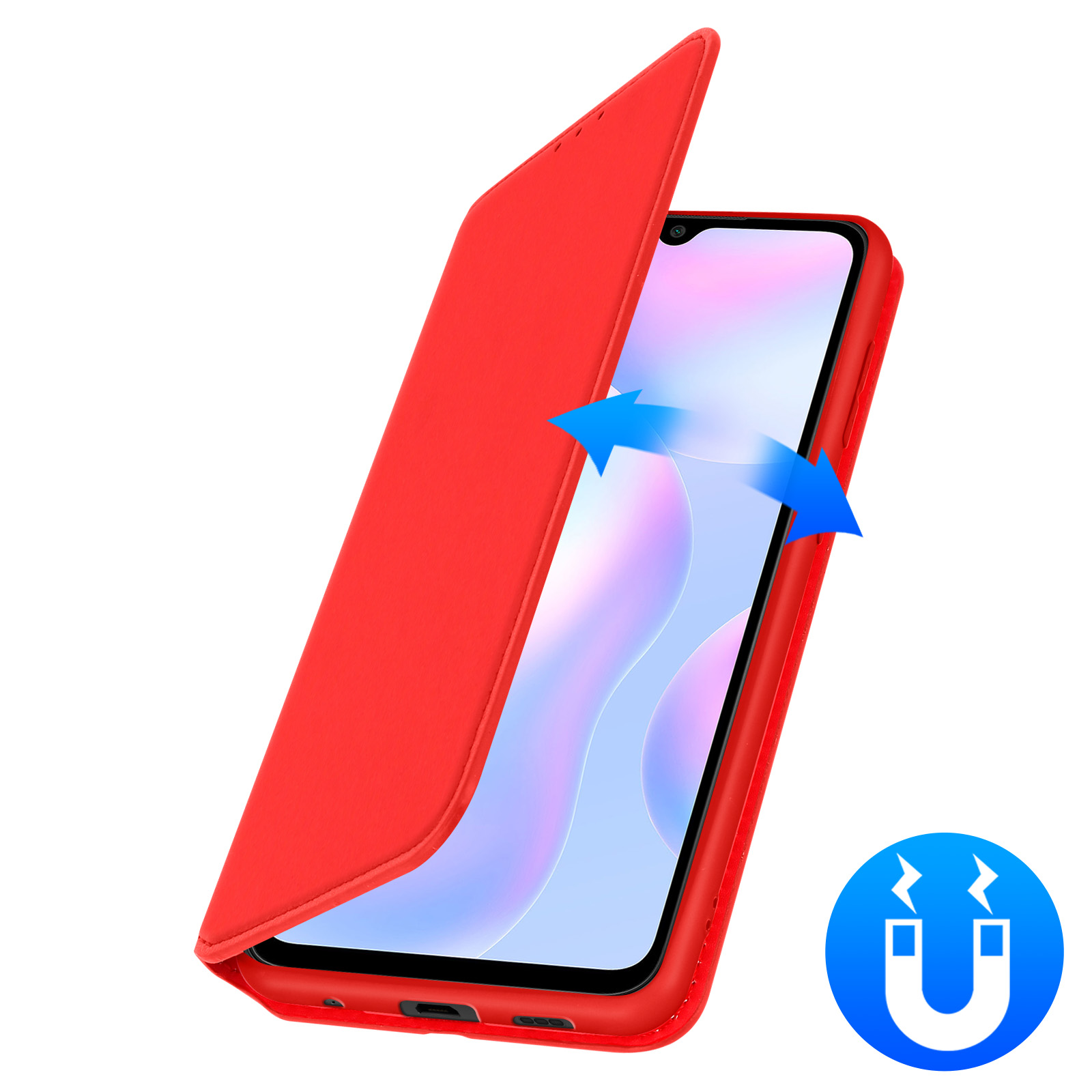 Una custodia rossa per telefono si apre, con un logo magnetico blu.