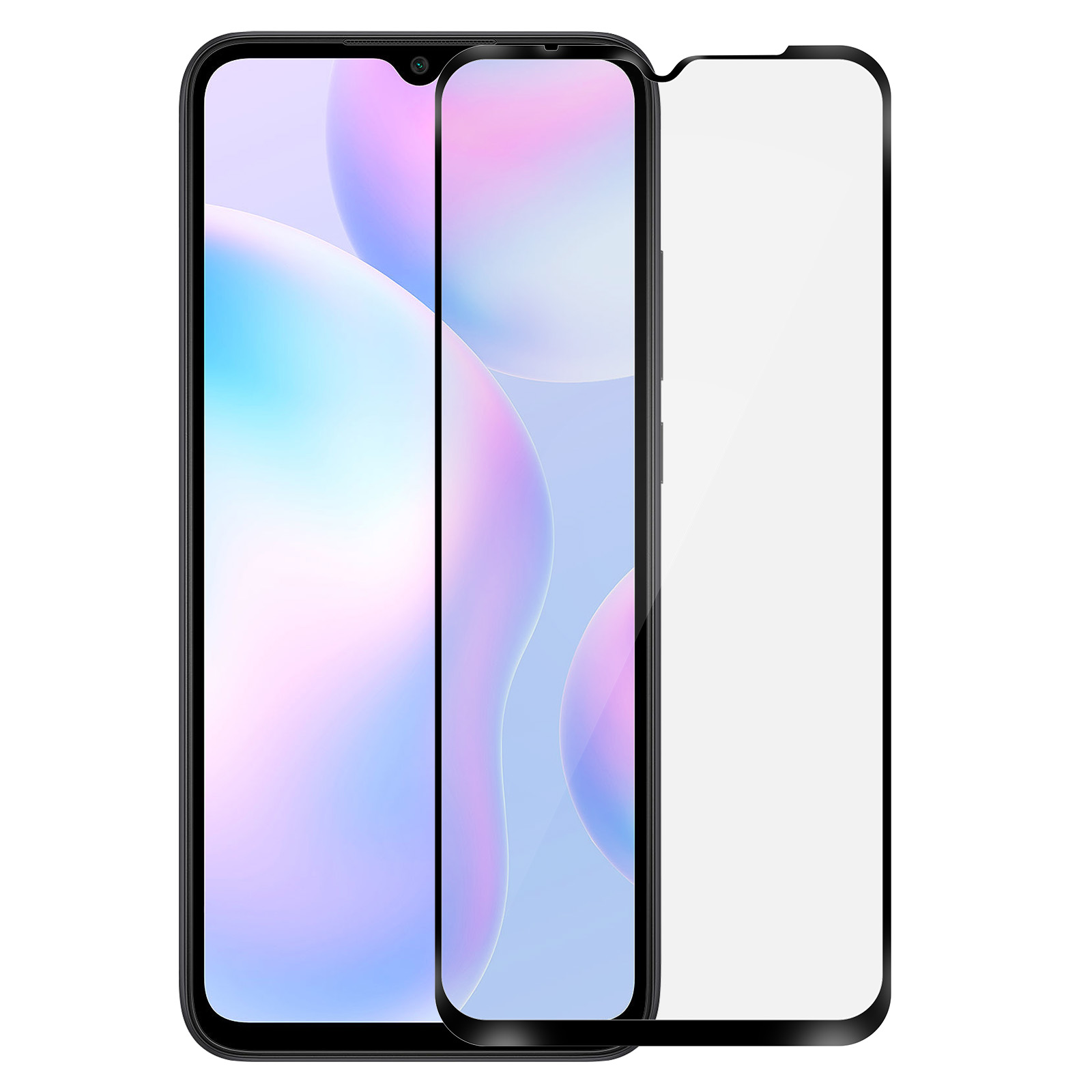 Uno smartphone con una protezione per lo schermo. Il telefono è nero. Lo schermo mostra un design astratto e colorato.