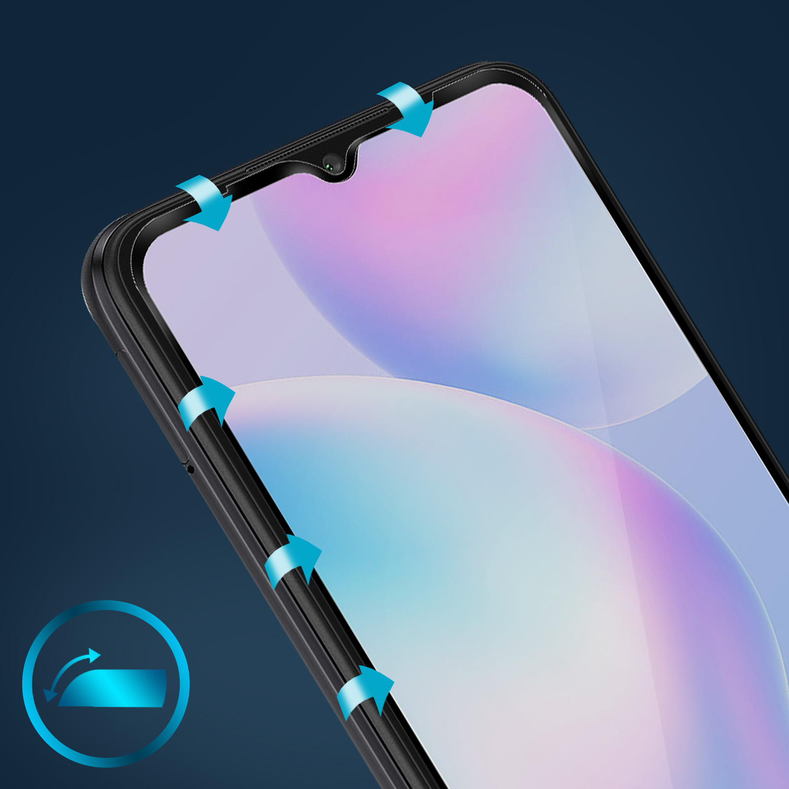 Un proteggi schermo per telefono è mostrato con frecce che indicano l'installazione. Lo schermo mostra uno sfondo colorato e sfocato.