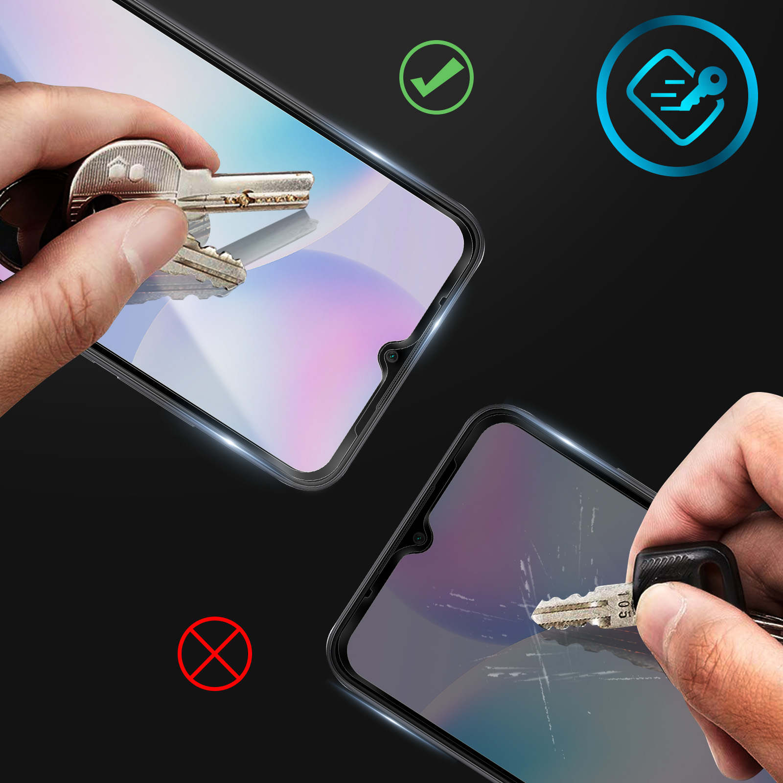 Mani che tengono chiavi sopra schermi di telefoni. Uno schermo è protetto e intatto, l'altro è graffiato.