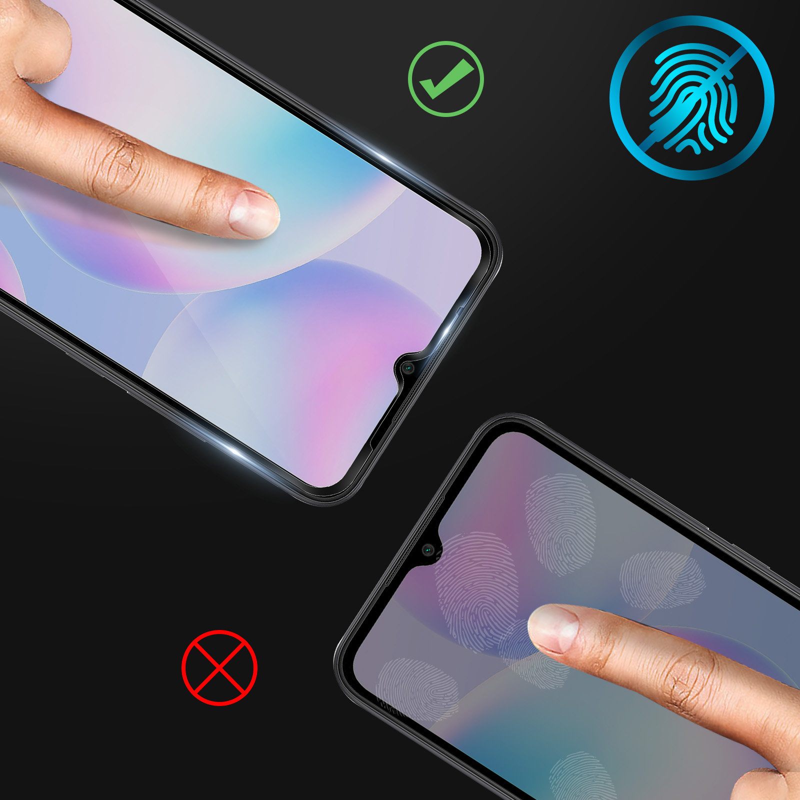 Vengono mostrati due telefoni con protezioni per lo schermo. Uno mostra uno schermo pulito con un dito che lo tocca.