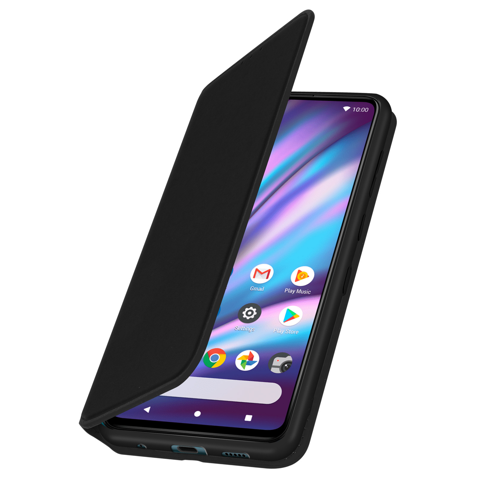 Zwarte telefoonhoes met open deksel. De telefoon toont een scherm met app-iconen.