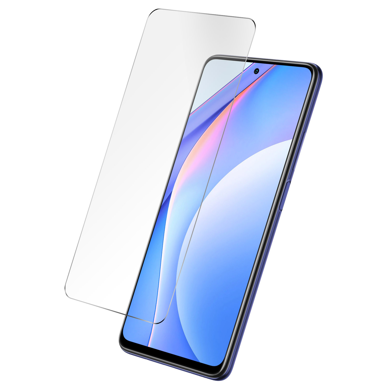 Telefono con protezione schermo. Il telefono ha schermo blu. La protezione è trasparente.