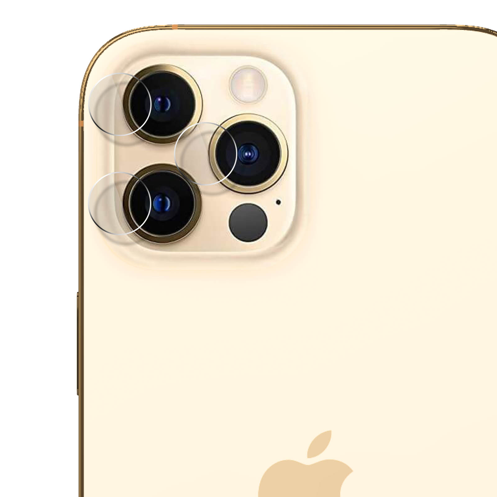Close-up van de cameralenzen van een gouden telefoon. Drie lenzen zijn zichtbaar met transparante beschermers aangebracht.