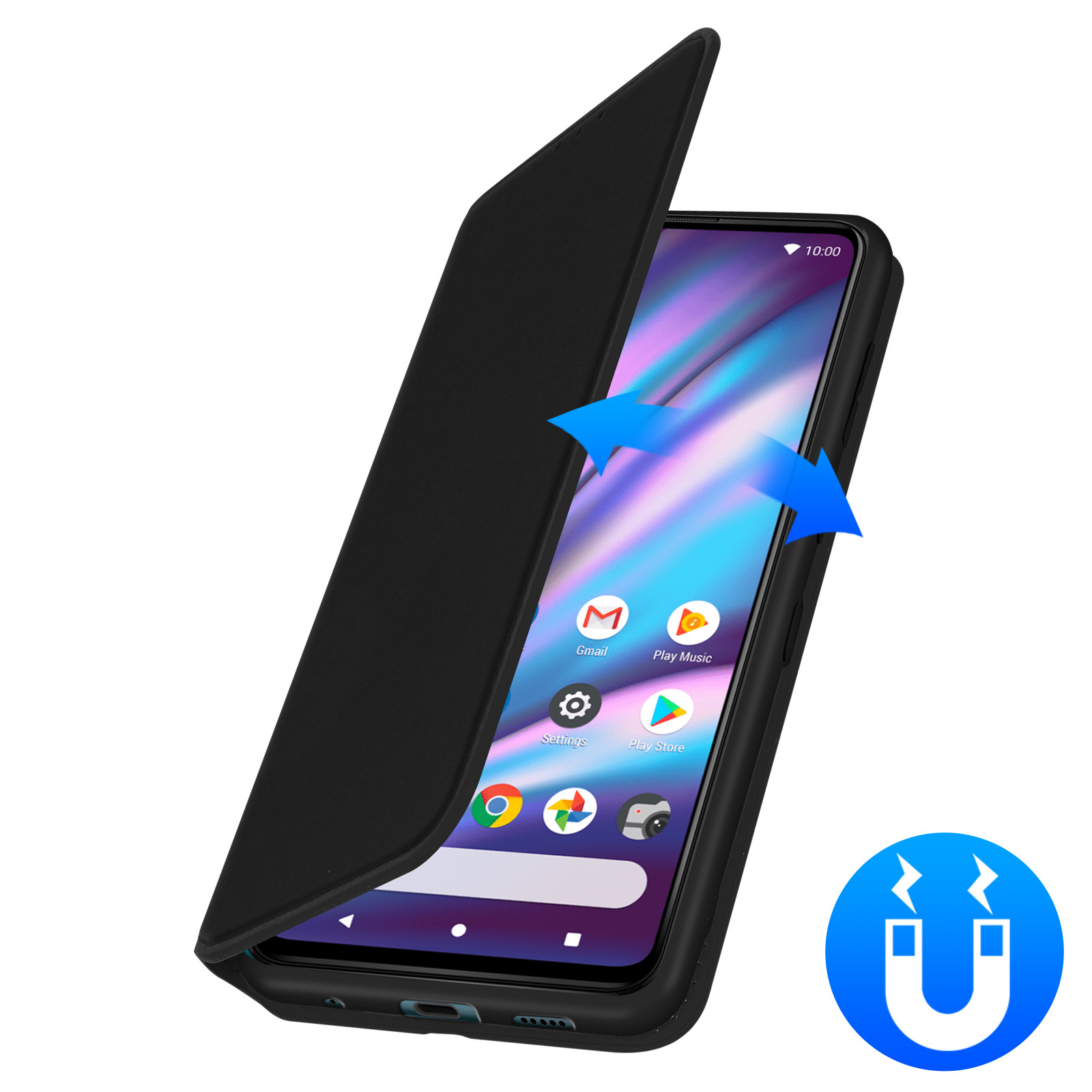 Een telefoon in een zwarte hoes met een openende klep, met een magneeticoon.