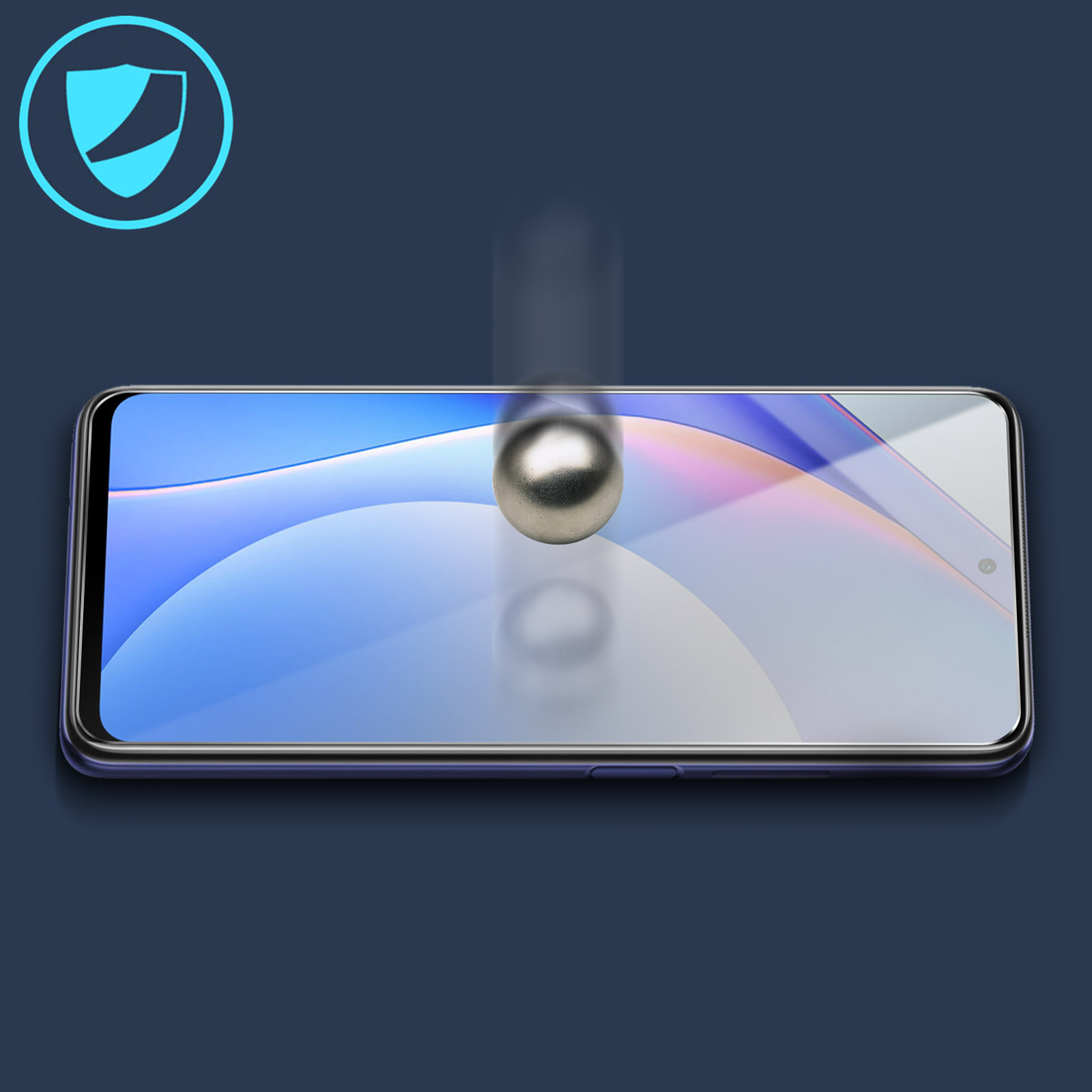 Telefono con protezione schermo e una palla di metallo che cade verso lo schermo.