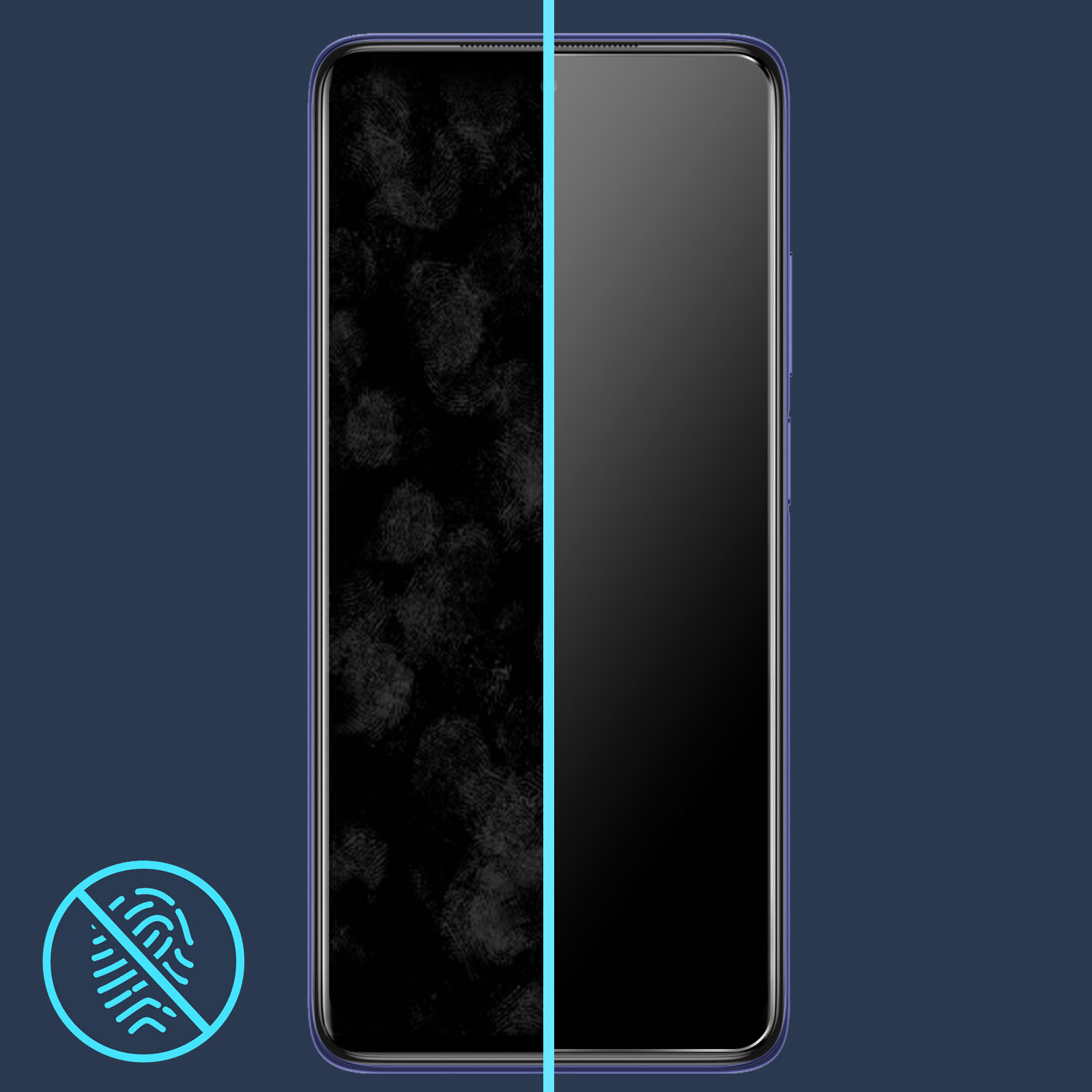 Telefono con schermo coperto di impronte digitali a sinistra, schermo pulito a destra. Sfondo blu.