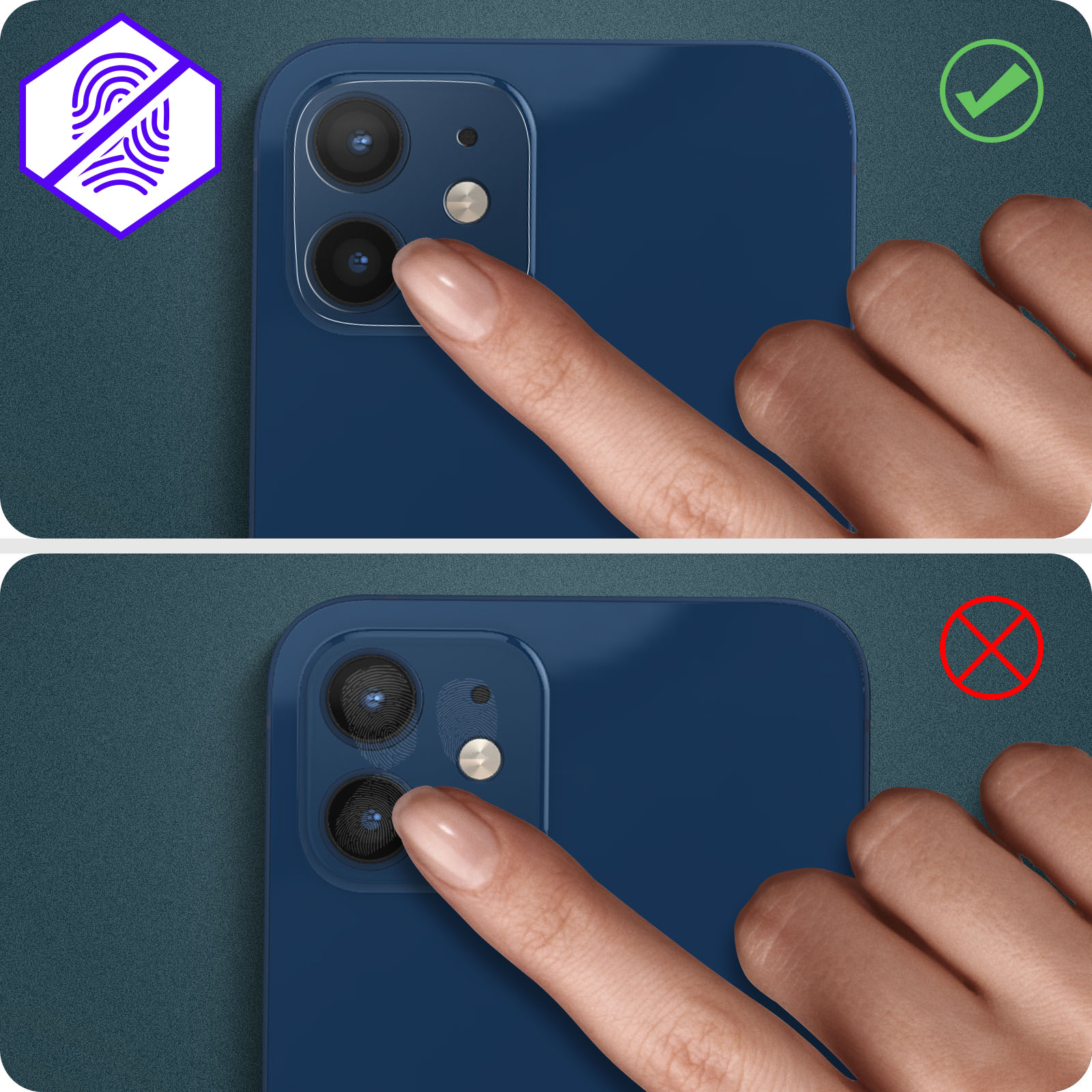 Un telefono con protezione schermo. Uno mostra impronte digitali, l'altro lenti pulite.