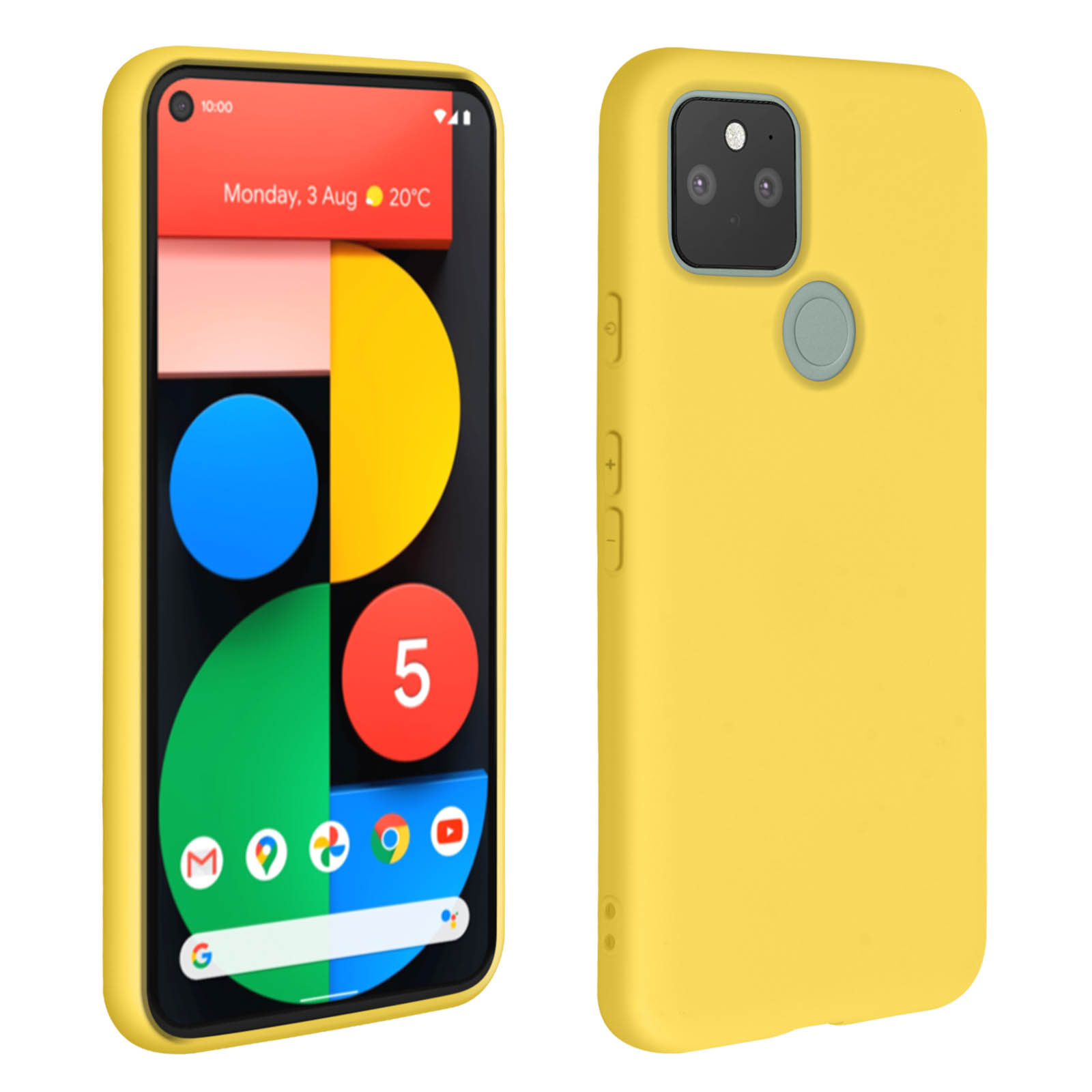 Telefono giallo con interfaccia utente sullo schermo. Anche il retro del telefono è giallo.