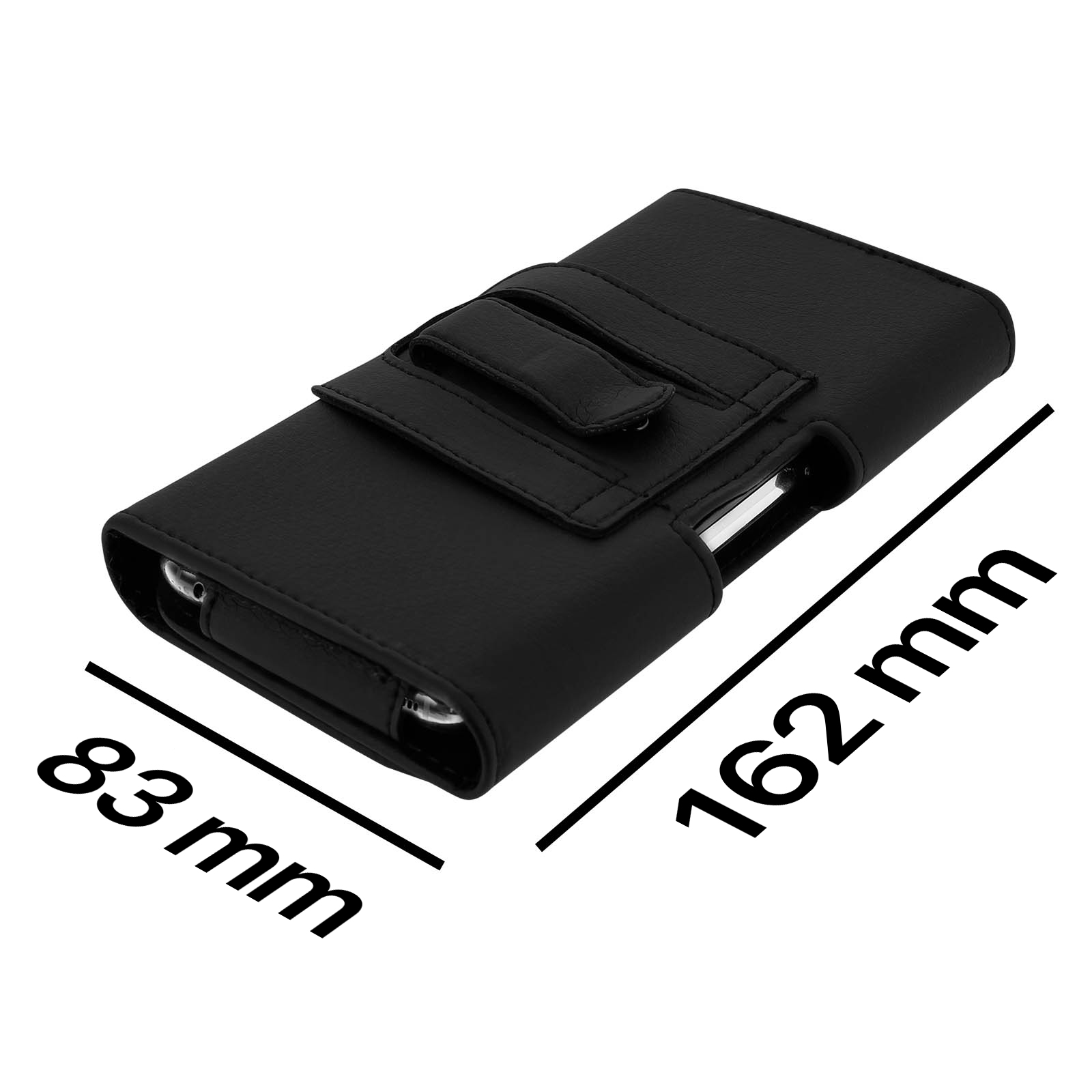 Custodia per telefono nera con chiusura a patta. Dimensioni 162 mm x 83 mm, sfondo bianco.