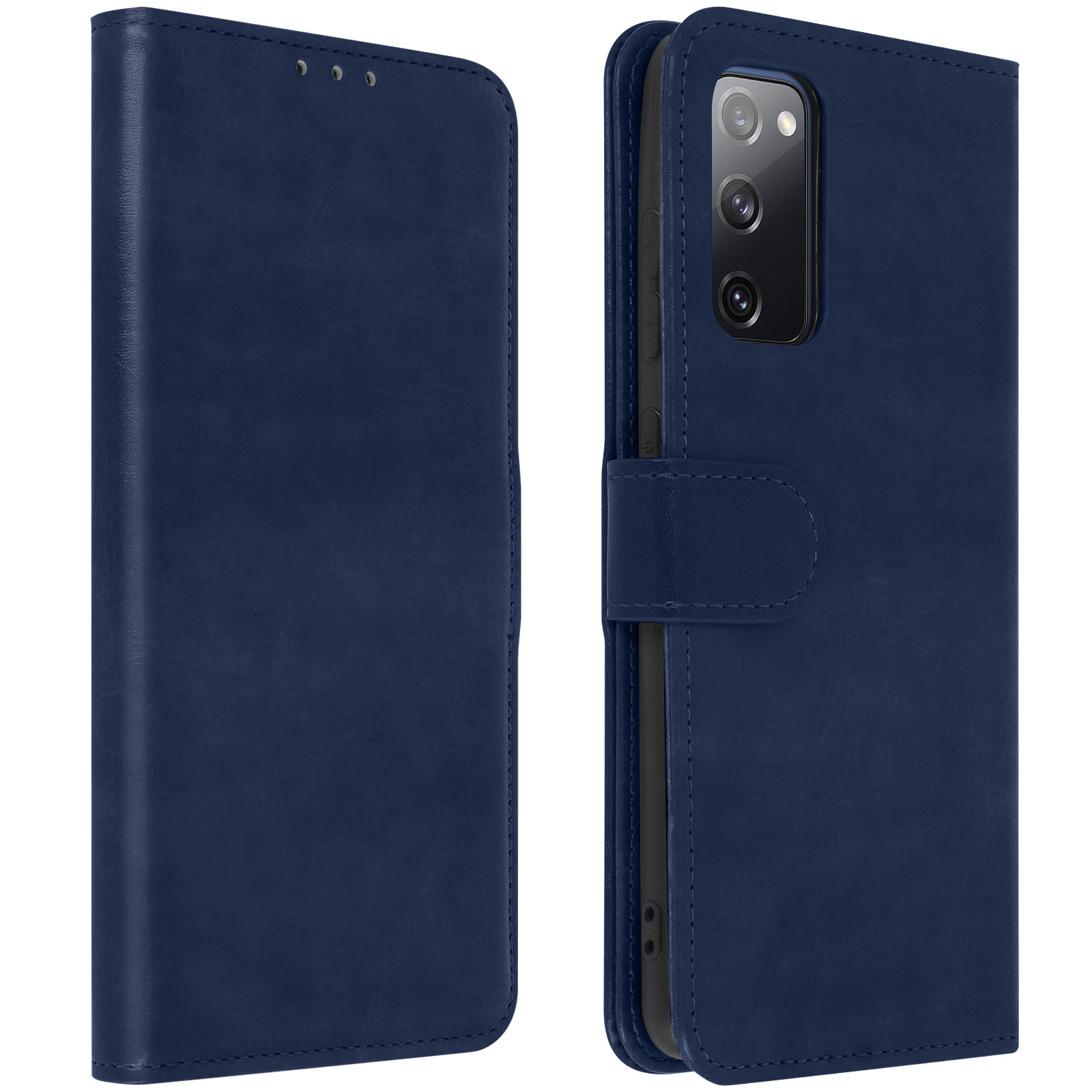 Een blauwe telefoonhoes, open en een telefoon tonend. De hoes is blauw met een knoopsluiting. De telefoon is zwart.