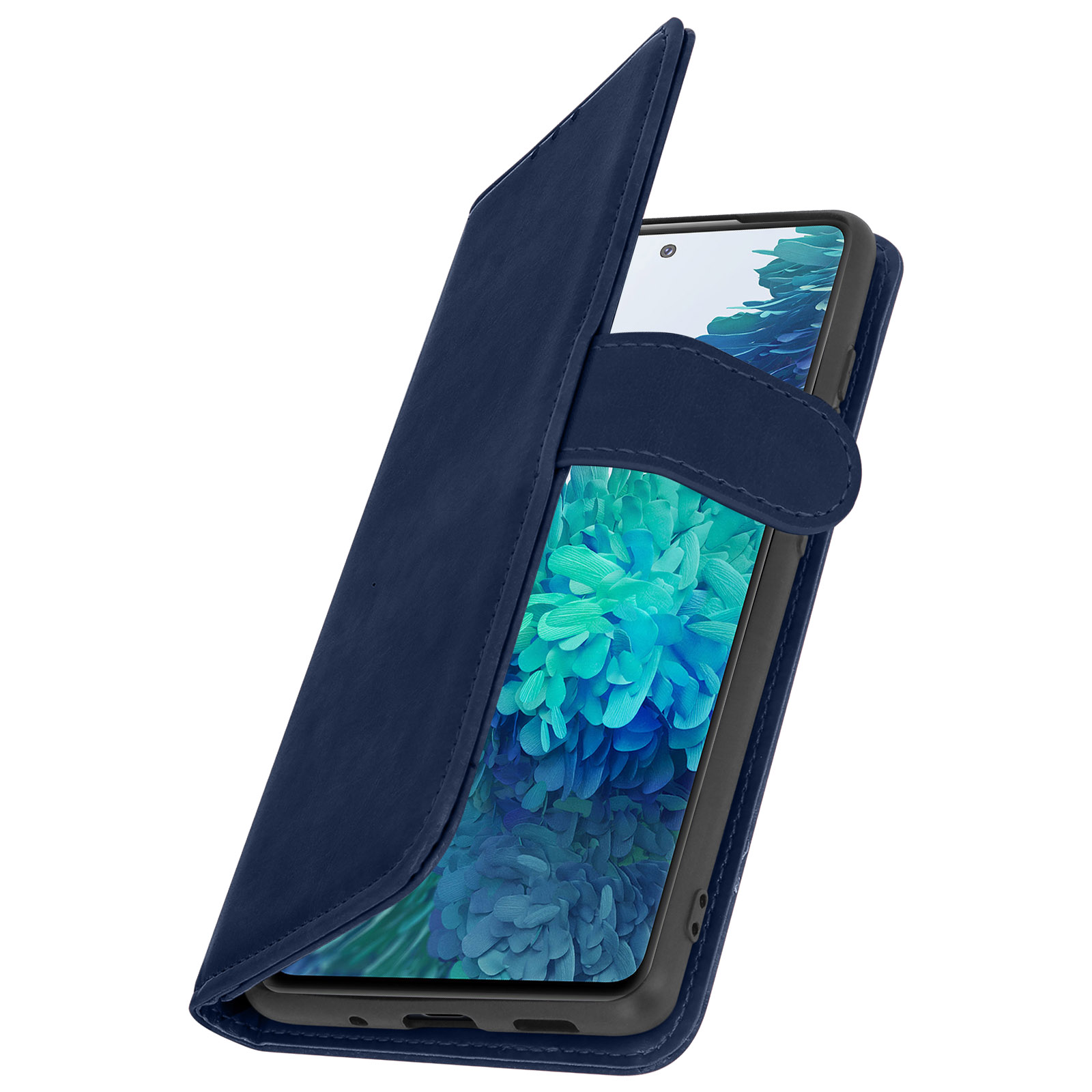 Blauwe telefoonhoes, open. Telefoon erin. De hoes is open op een tafel.