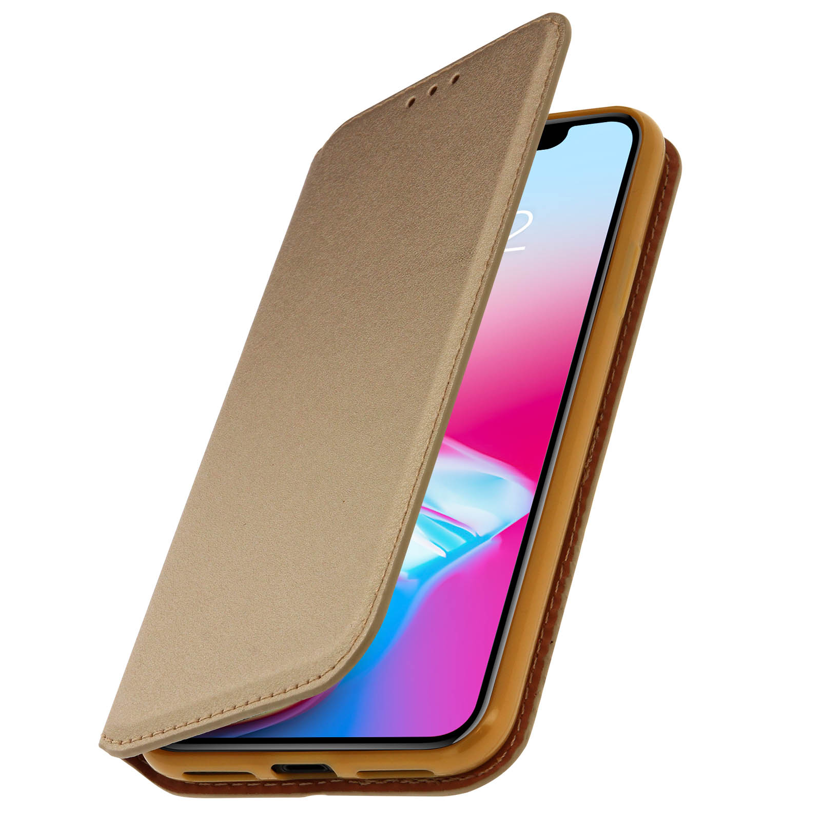 Custodia per telefono aperta che rivela il telefono. Colori oro e marrone. Schermo del telefono visibile.