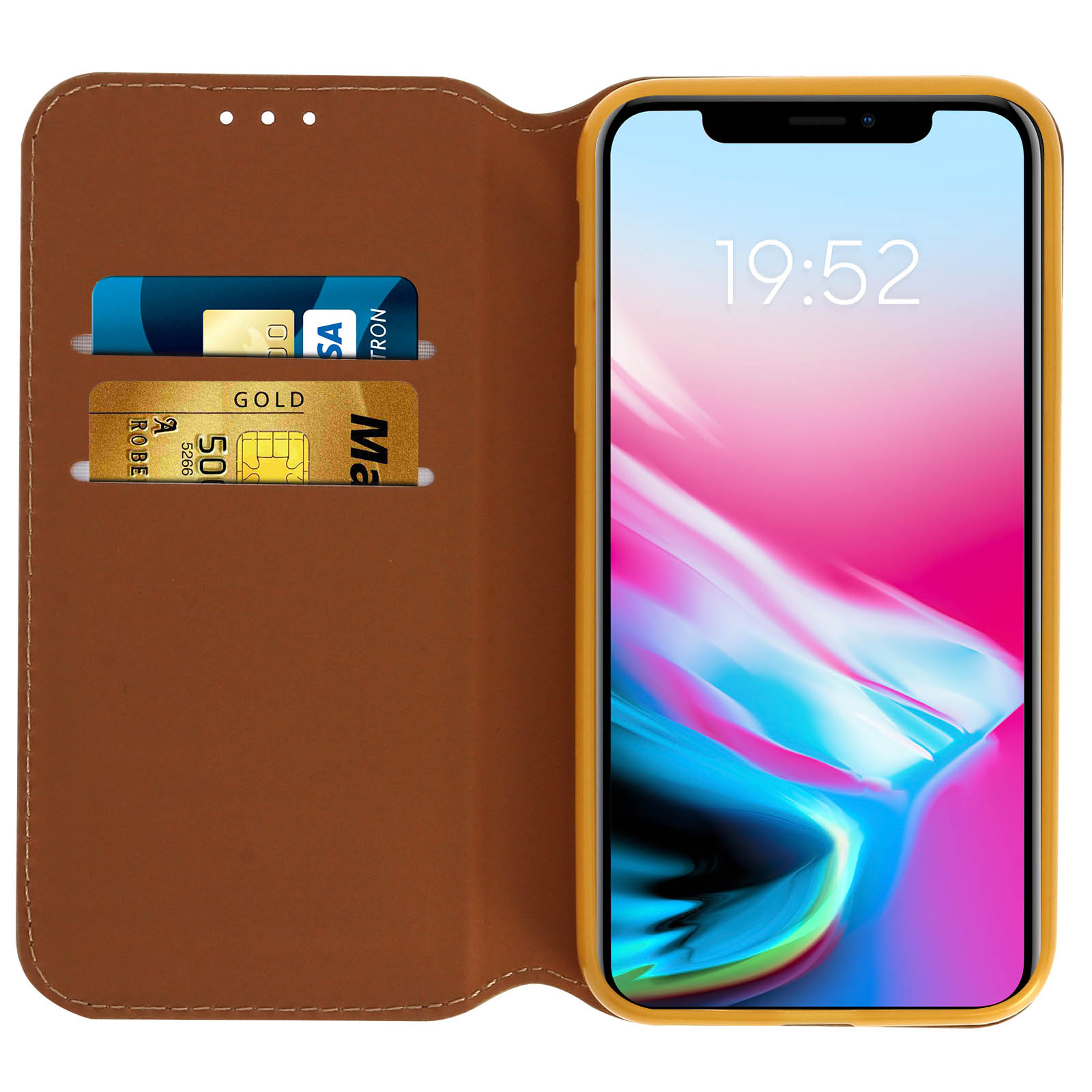 Custodia per telefono marrone aperta, che mostra lo schermo del telefono con l'ora, carte di credito all'interno.
