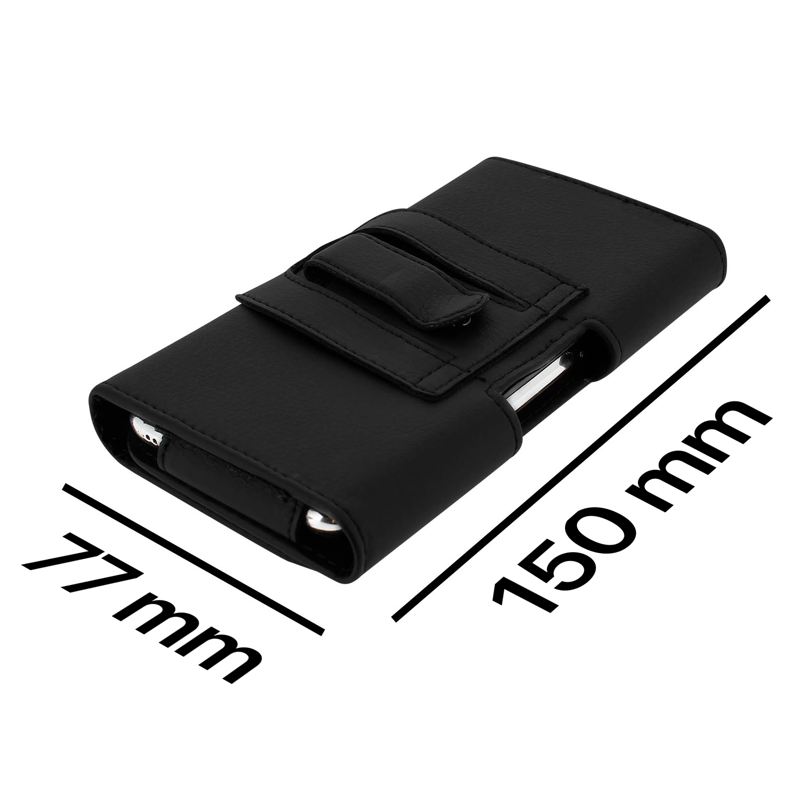 Custodia per telefono nera con dimensioni 150 mm x 77 mm. Sfondo bianco.