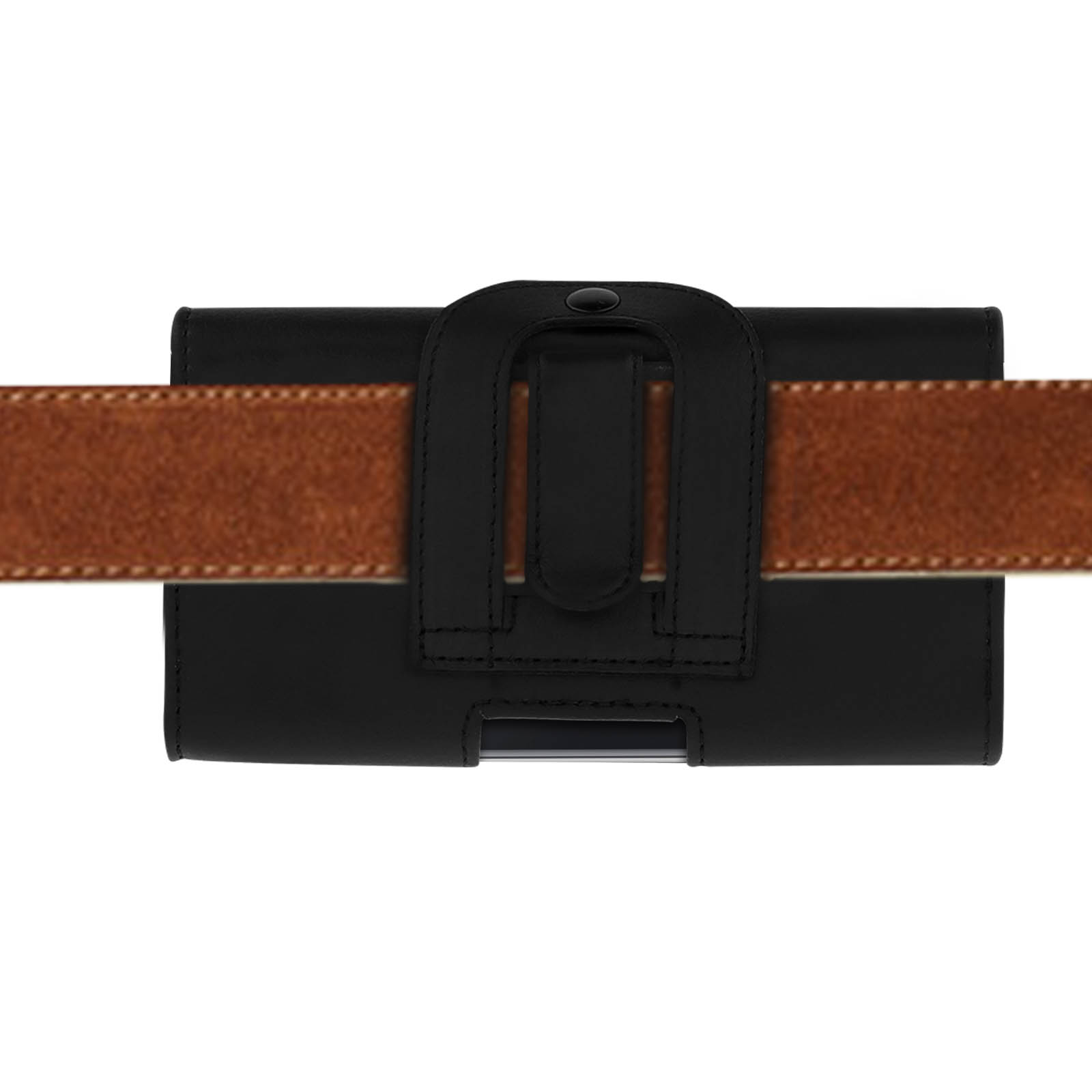 Una custodia nera con un passante per cintura sul retro. Una cintura marrone è inserita nel passante.