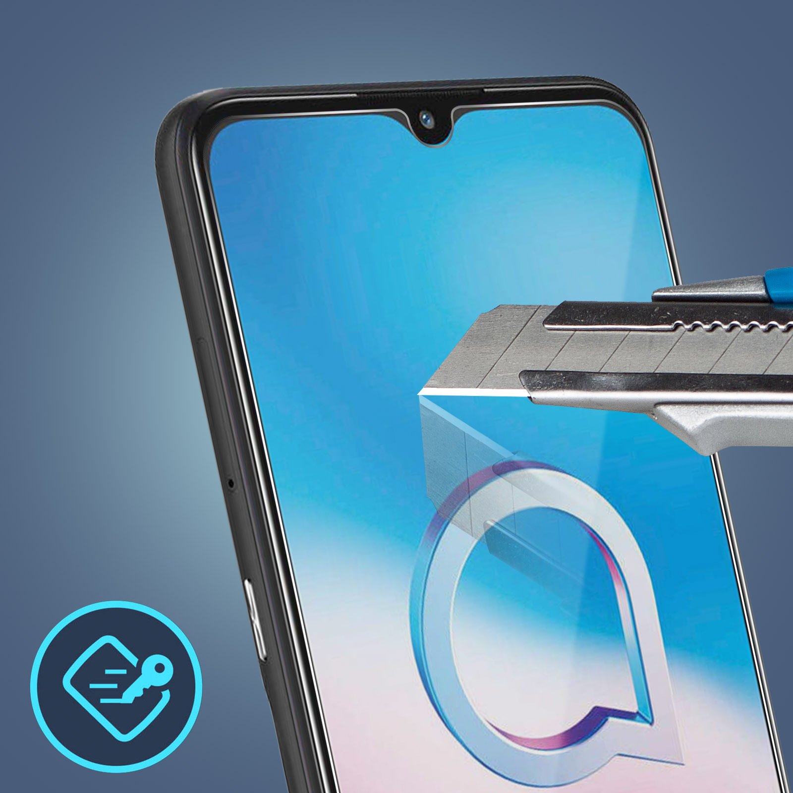 Un telefono con protezione schermo tagliata da una lama, con un'icona dell'app.