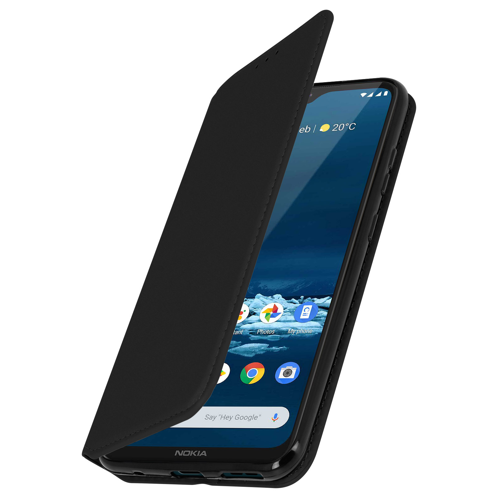 Zwarte telefoonhoes, gedeeltelijk open, toont een telefoonscherm. De telefoon staat op een witte achtergrond.