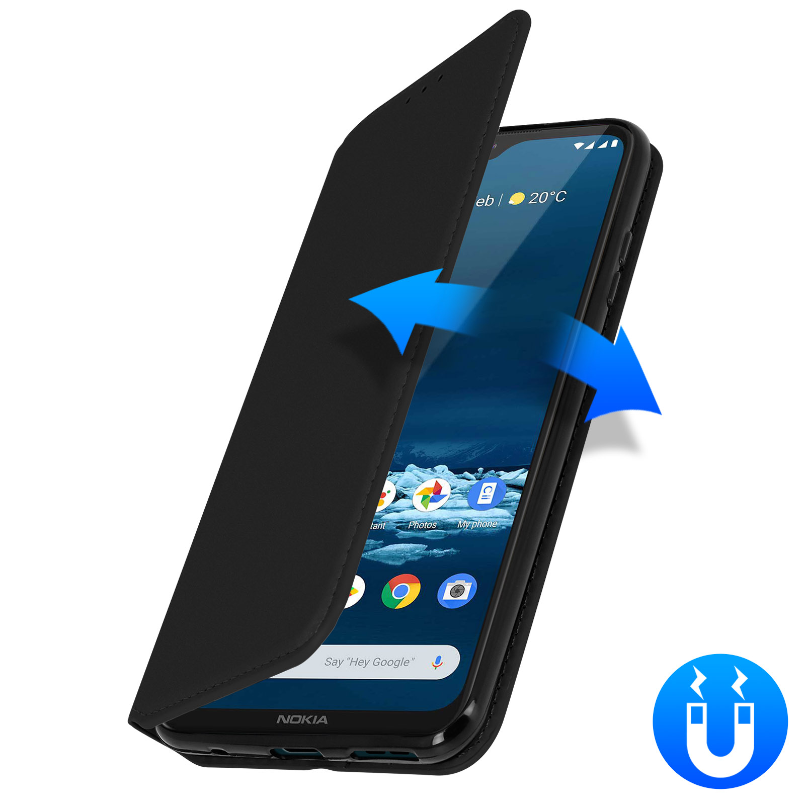 Zwarte telefoonhoes open, met het telefoonscherm, met een pijl en een magneetpictogram.