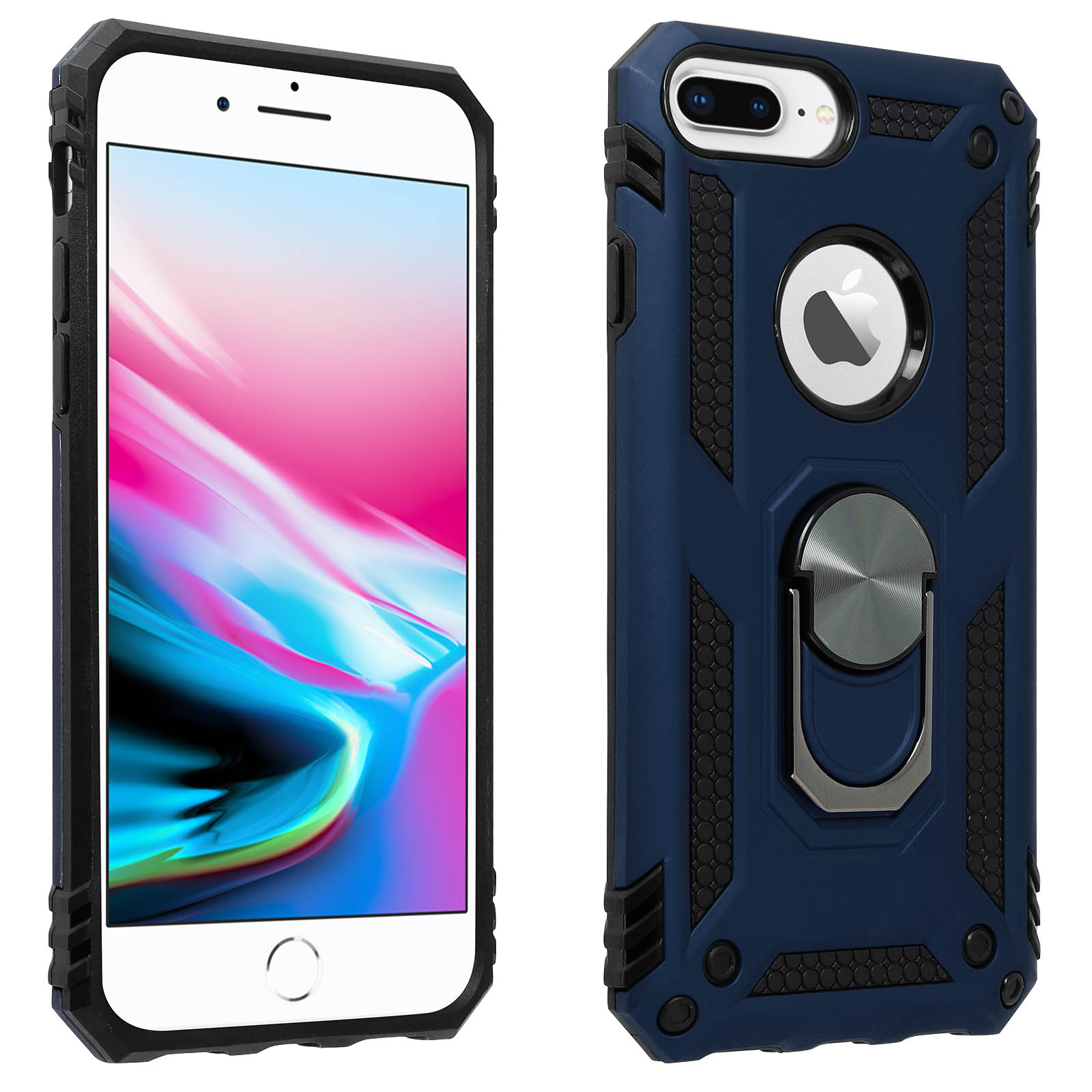 Blauwe en zwarte telefoonhoes. De telefoon heeft een wit scherm.