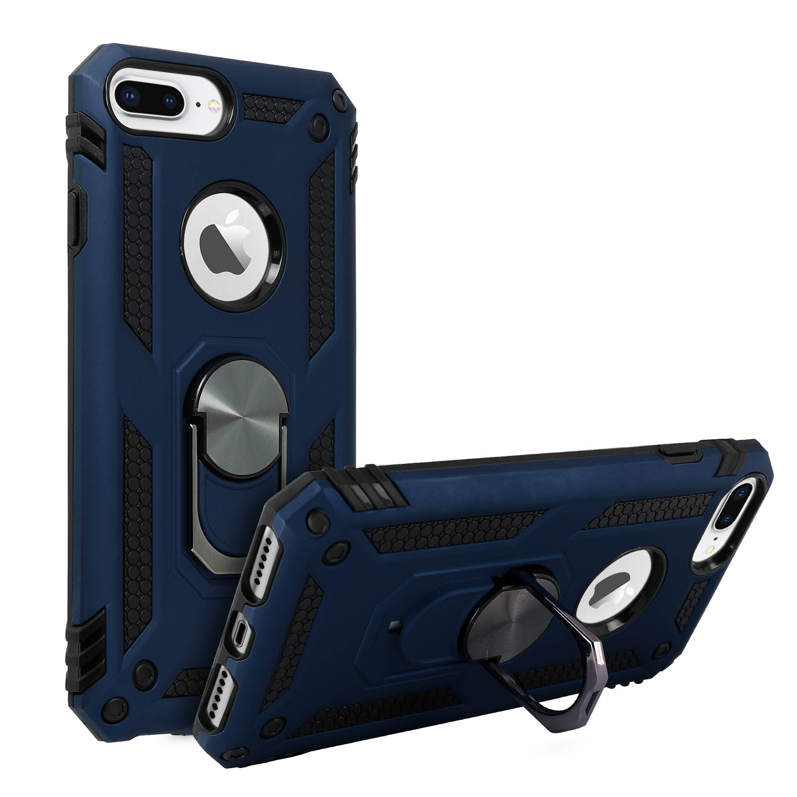 Marineblauwe telefoonhoes met zwarte ringhouder. De telefoonhoes staat op een wit oppervlak. Witte achtergrond.