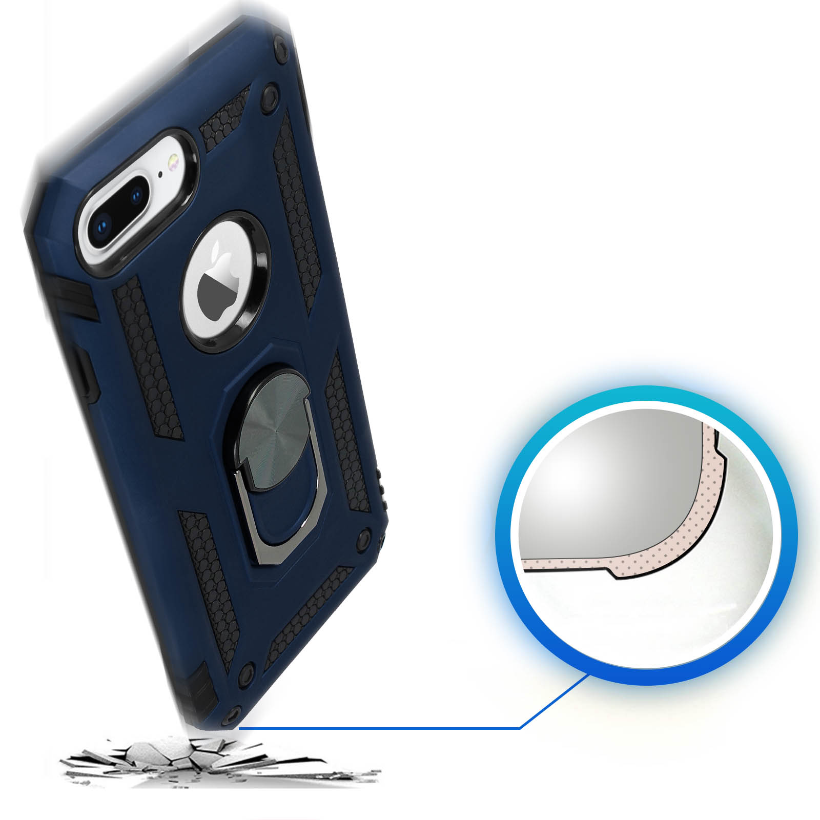 Coque de téléphone bleue avec anneau, sol fissuré devant et détail circulaire à droite.