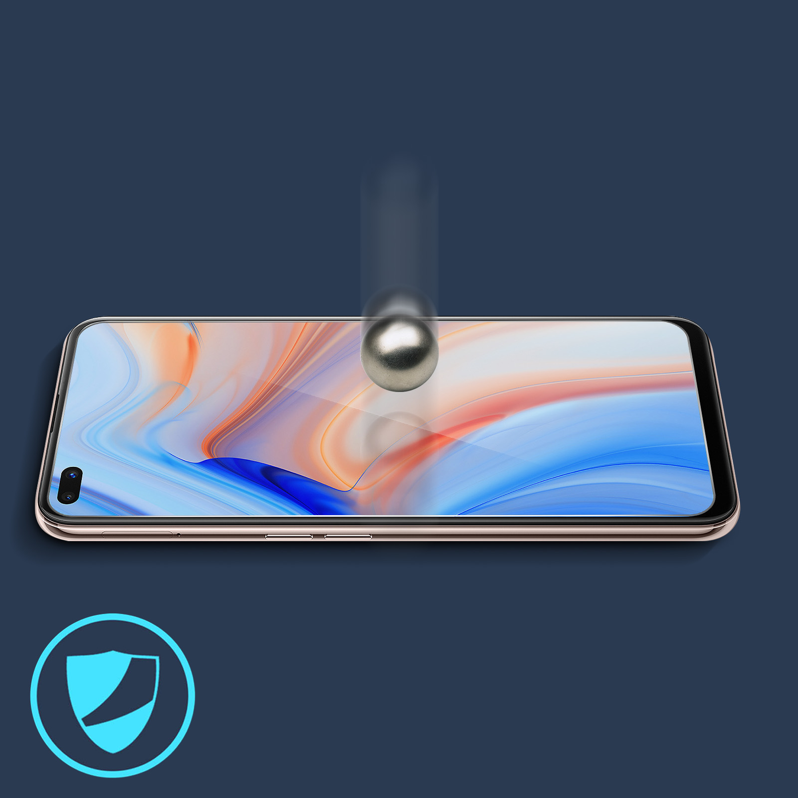 Un telefono con un proteggi schermo con una sfera d'argento che cade verso di esso. Lo sfondo è blu.