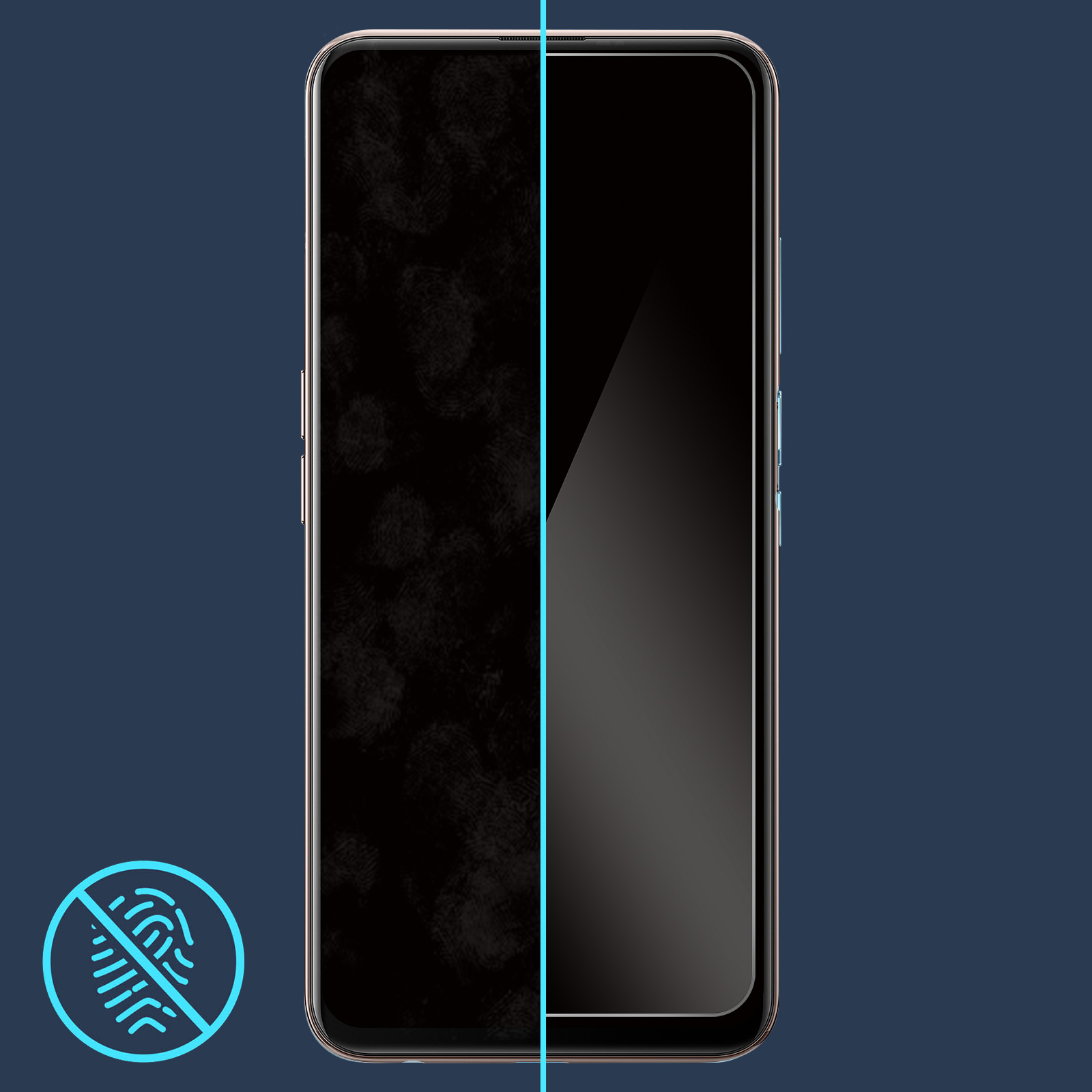 Schermo del telefono con lato destro pulito e macchie di impronte digitali a sinistra, con icona.