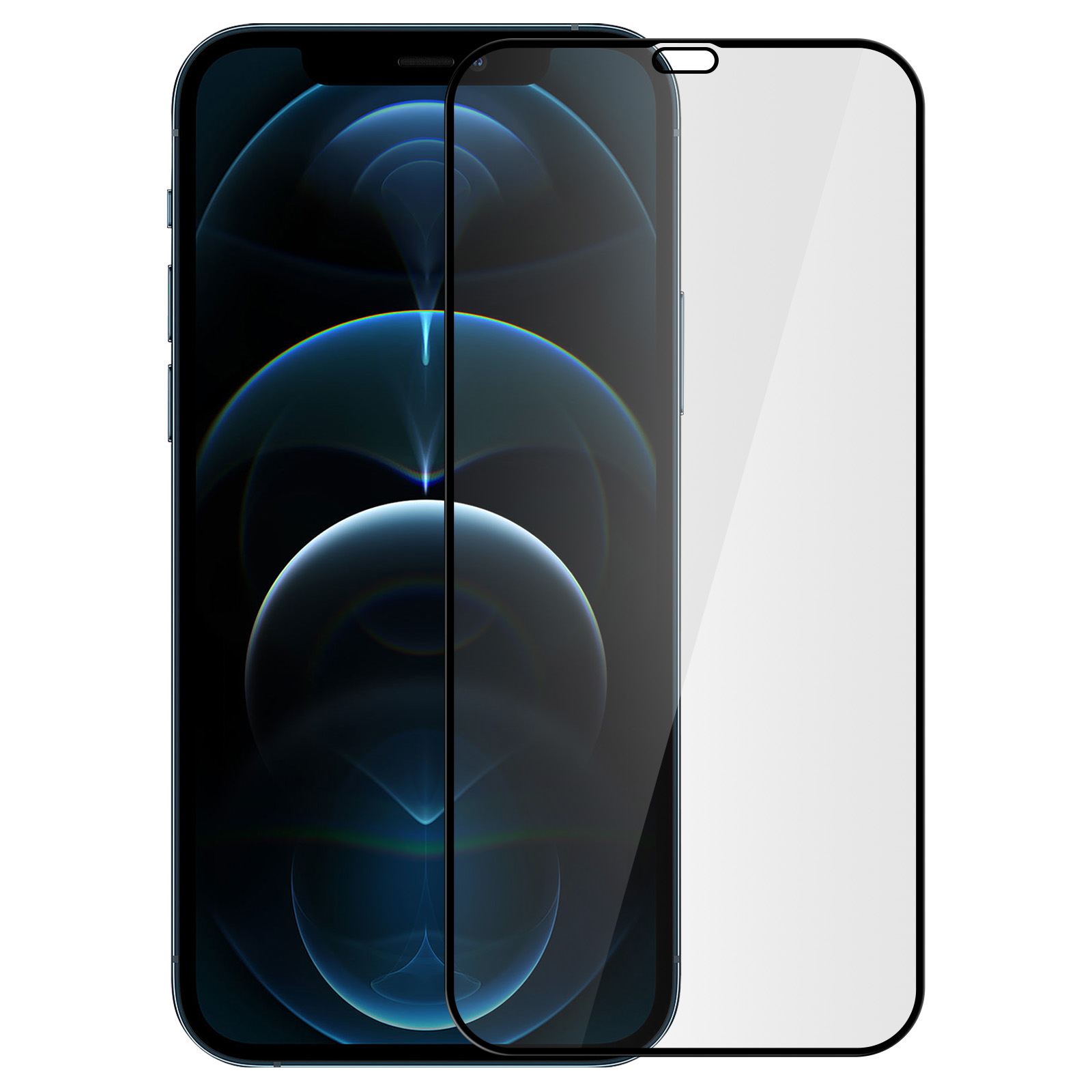 Uno smartphone con una protezione per lo schermo applicata, il telefono è blu scuro con uno sfondo blu scuro e bianco.