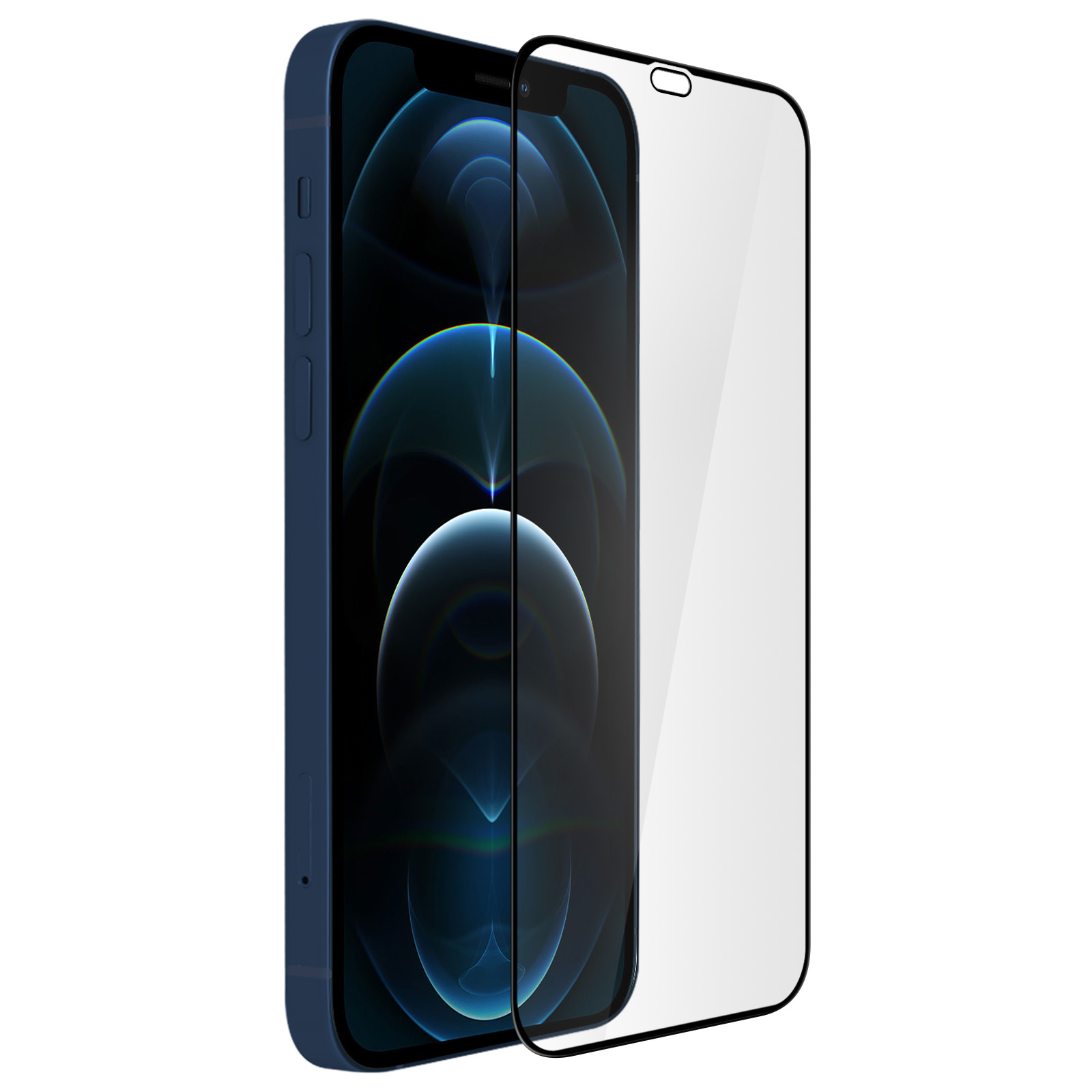 iPhone blu con protezione schermo. Lo schermo mostra una sfumatura blu e nera. Sfondo bianco.