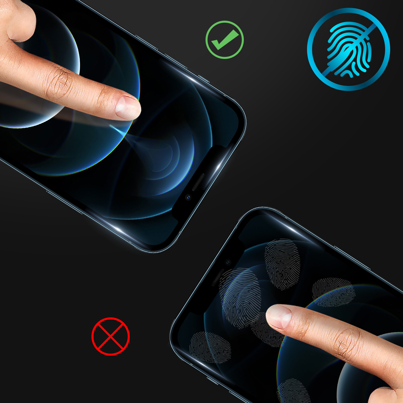 Due smartphone con protezione schermo. Uno mostra un dito, l'altro impronte digitali. Simboli indicano protezione: spunta verde, impronta blu sbarrata.