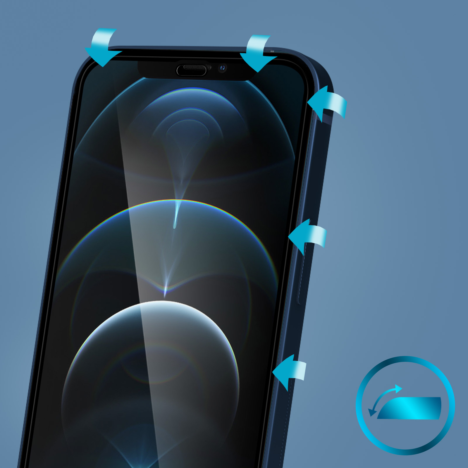 Uno smartphone con frecce blu che puntano ai bordi, su sfondo blu. Lo schermo mostra un design astratto.