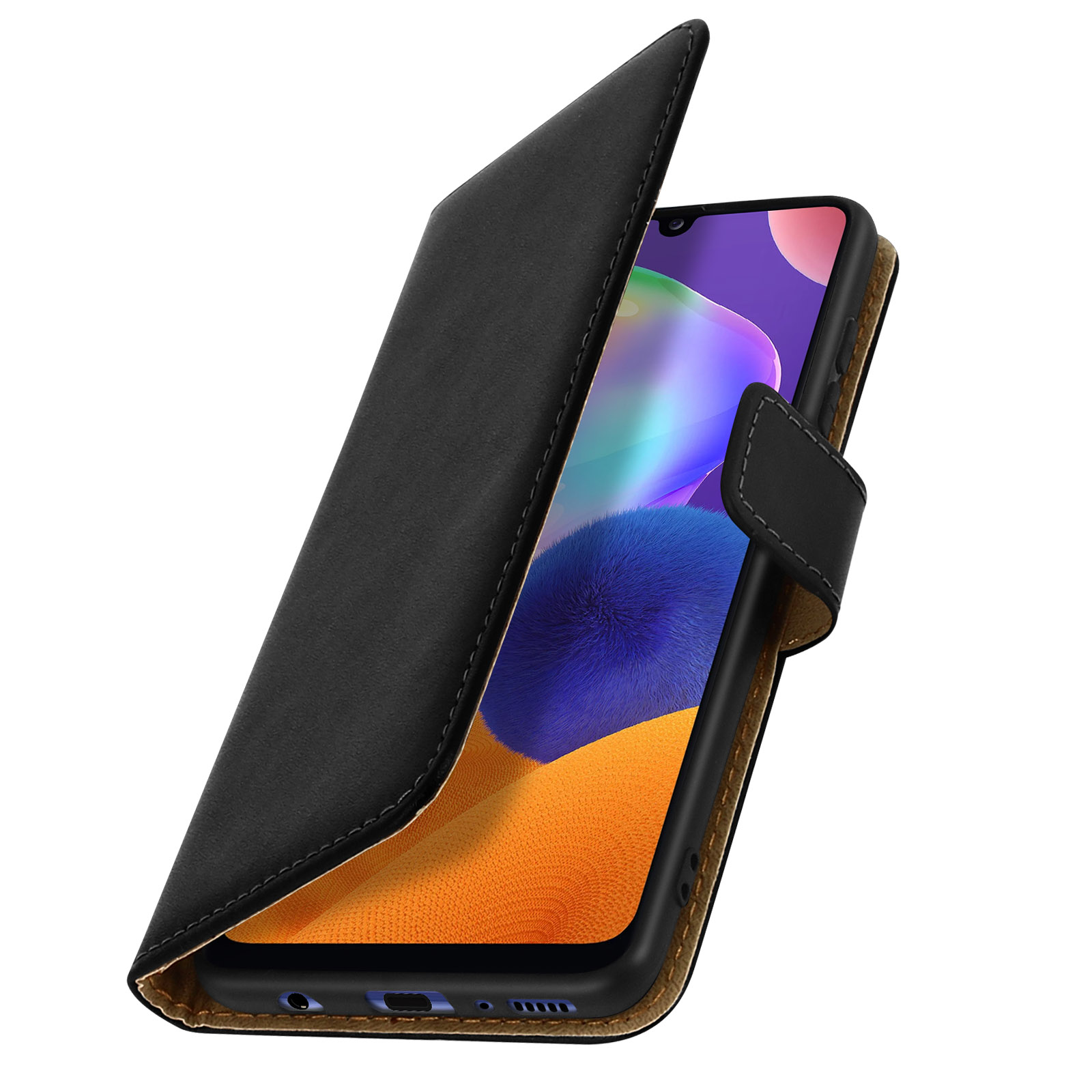 Custodia nera con telefono dentro. Il telefono è visibile, con schermo arancione.