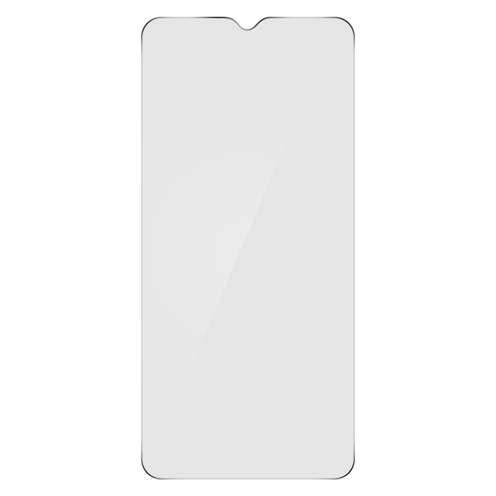 Una protezione schermo trasparente per un telefono. È rettangolare con un intaglio nella parte superiore.