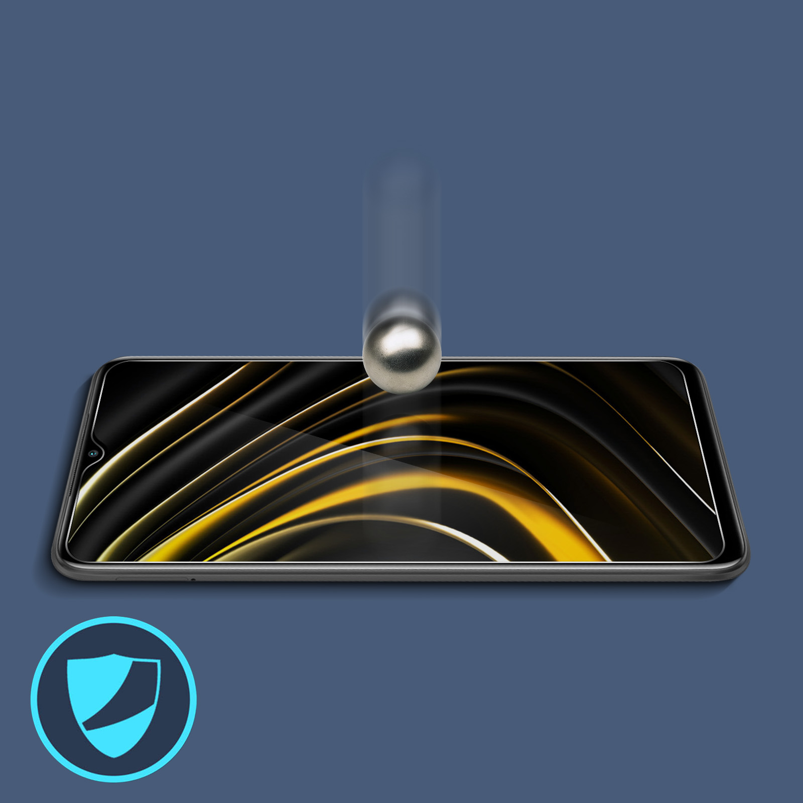 Un telefono con un proteggi schermo in vetro. Una palla di metallo sta cadendo sullo schermo.