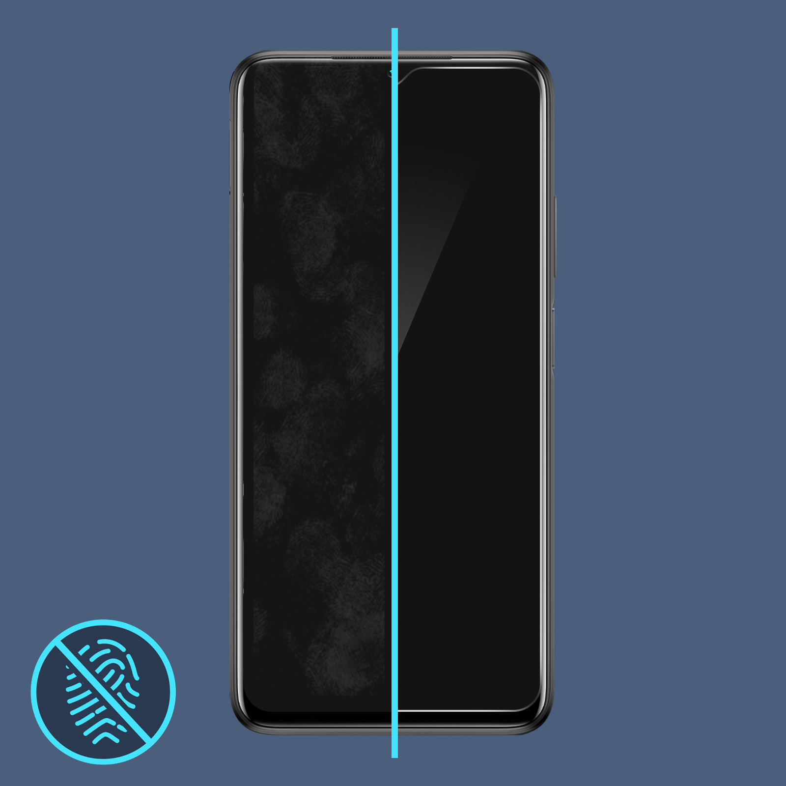 Uno schermo del telefono che mostra un'icona di impronta digitale e una linea blu verticale. Lo schermo è diviso.