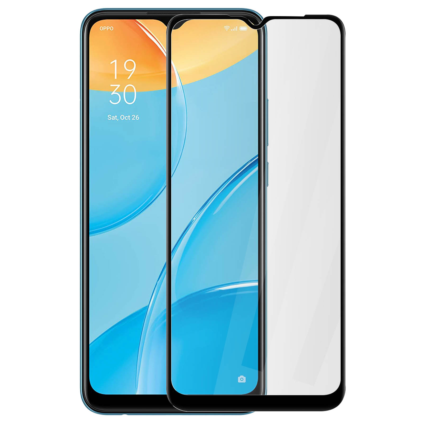 Uno smartphone con protezione schermo. Il telefono mostra l'ora 19:30 e la data sab, 26 ott. La protezione schermo è a destra.