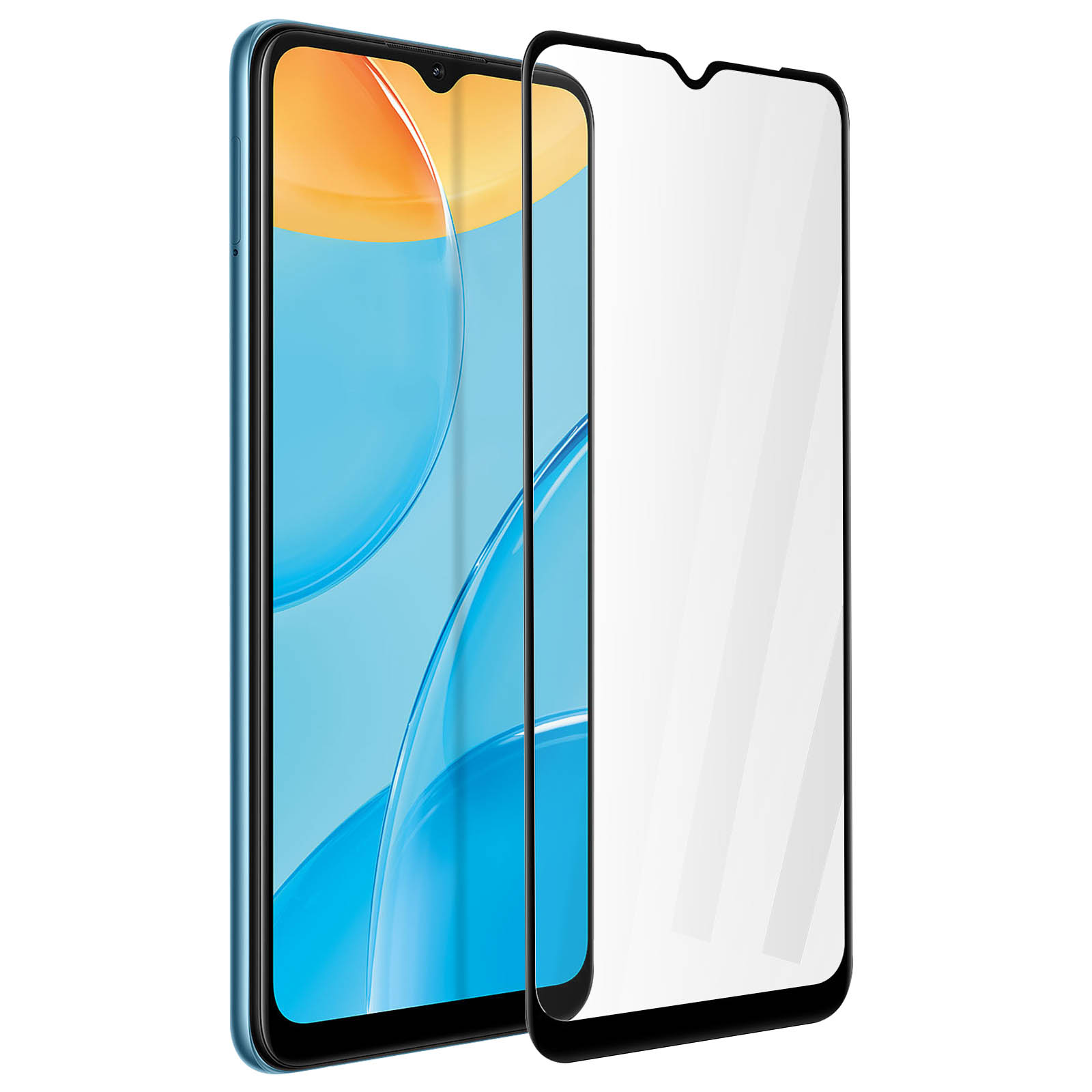 Viene mostrato uno smartphone con una protezione per lo schermo. Il telefono è blu e lo schermo mostra un design astratto colorato.
