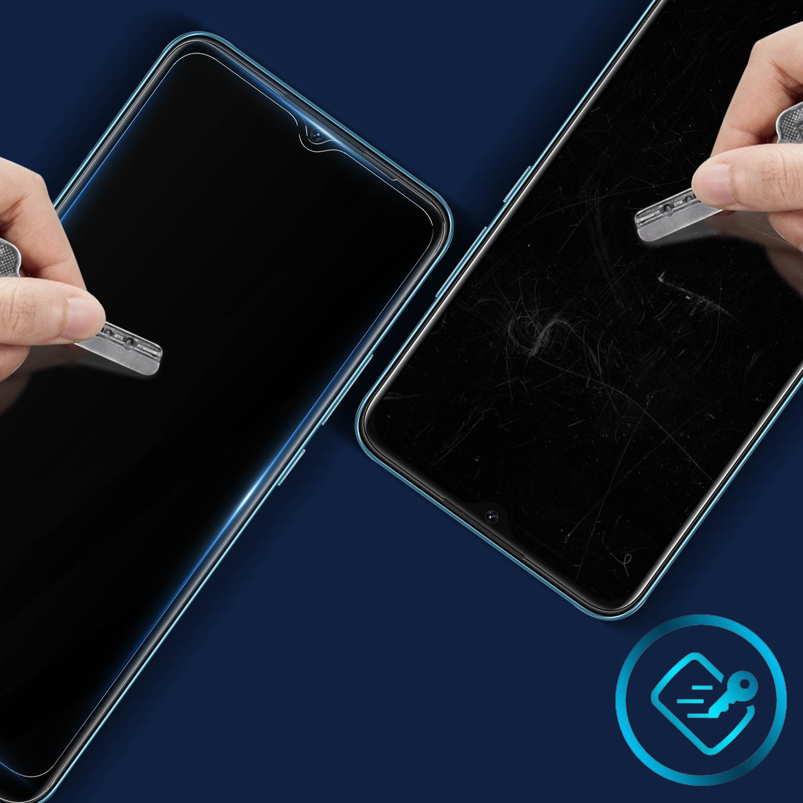 Mani che applicano una protezione schermo a due telefoni. Un telefono ha lo schermo graffiato. Sfondo blu scuro.