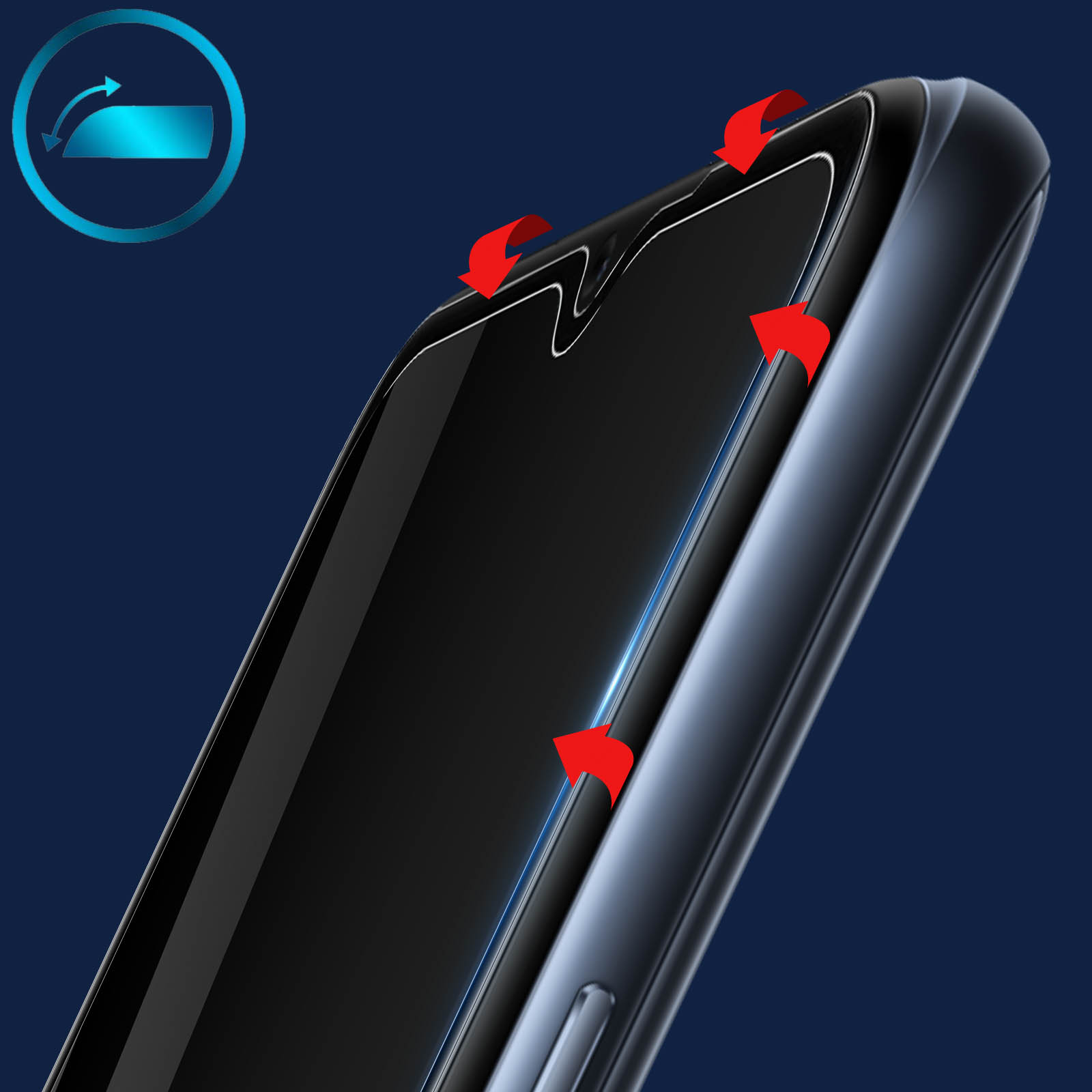 Primo piano di un applicatore per proteggi schermo del telefono. Frecce rosse indicano la direzione. Sfondo blu con icona circolare.