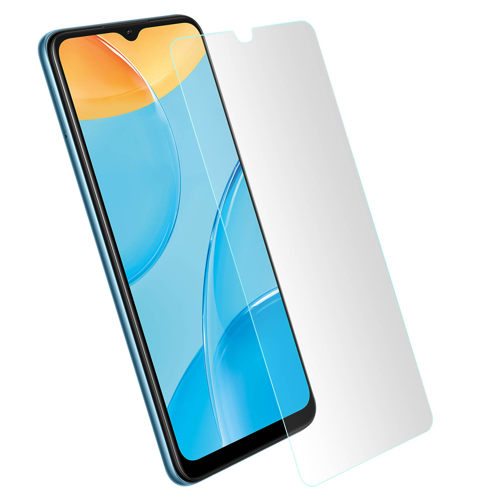 Telefono con protezione schermo. Telefono blu, protezione trasparente, leggermente angolata. Sfondo bianco.