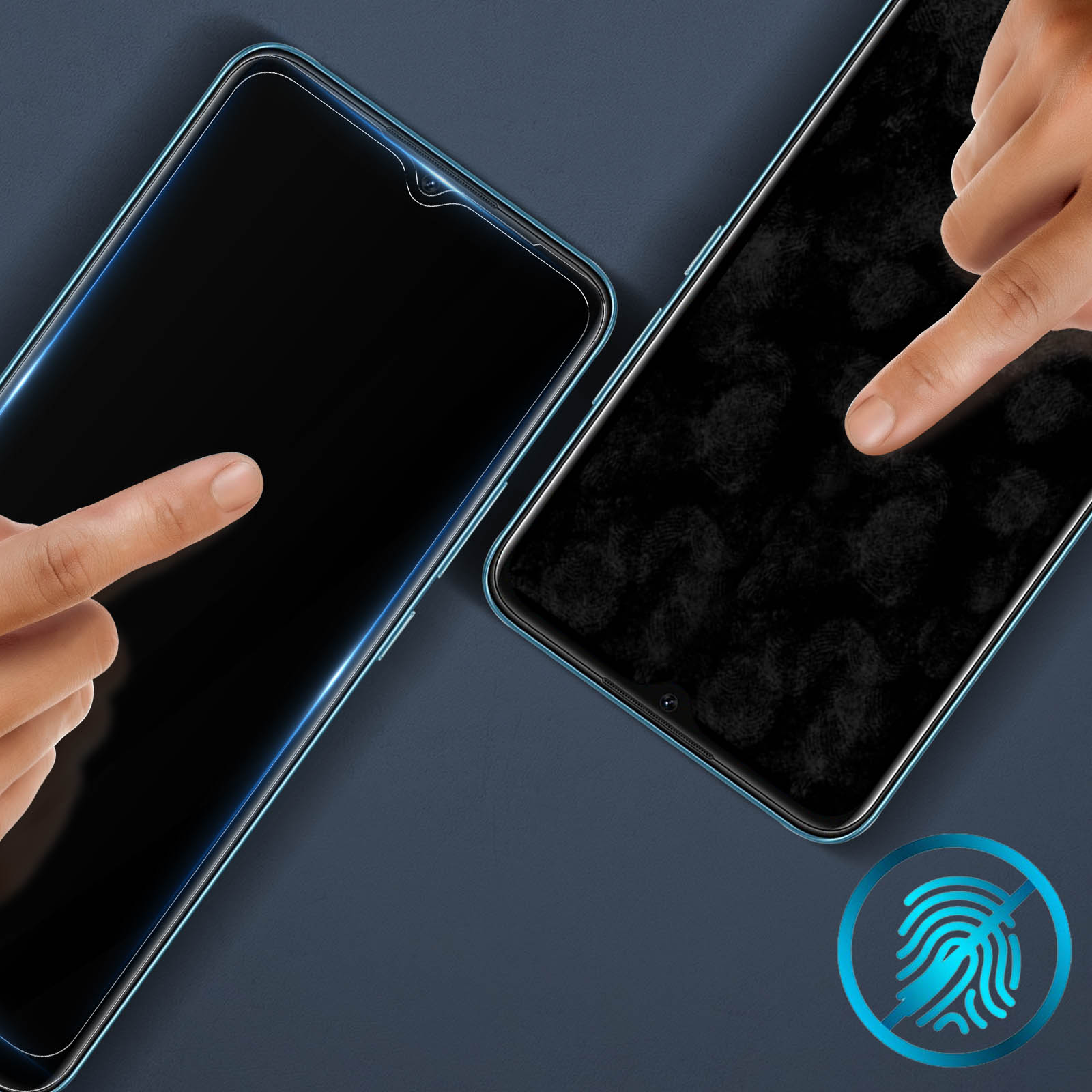 Sono mostrati due telefoni con protezioni per lo schermo. Le dita toccano gli schermi. Un'icona di impronta digitale è nell'angolo.