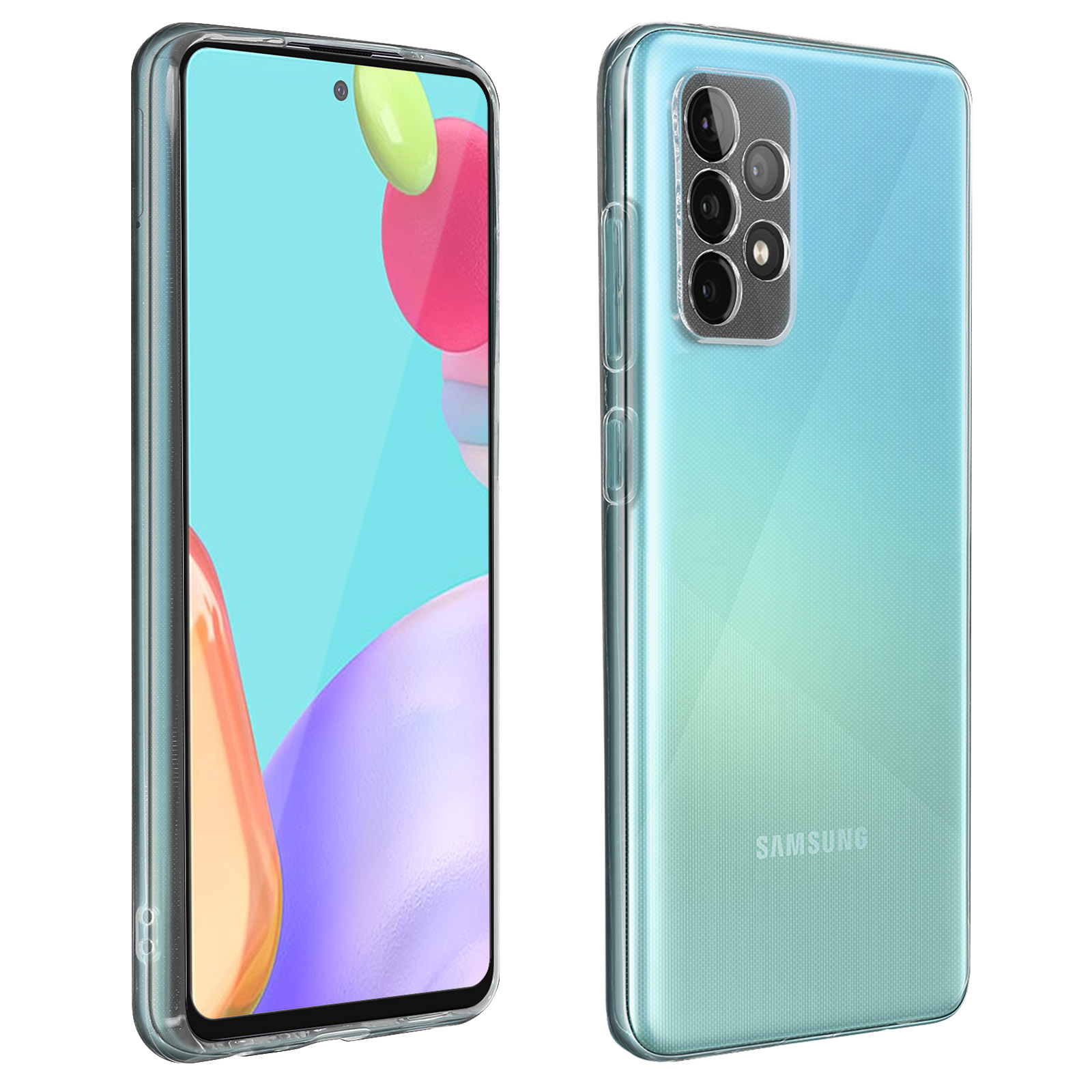 Ein Telefon mit klarer Hülle. Der Bildschirm hat eine Farbmischung. Rückseite ist blau.