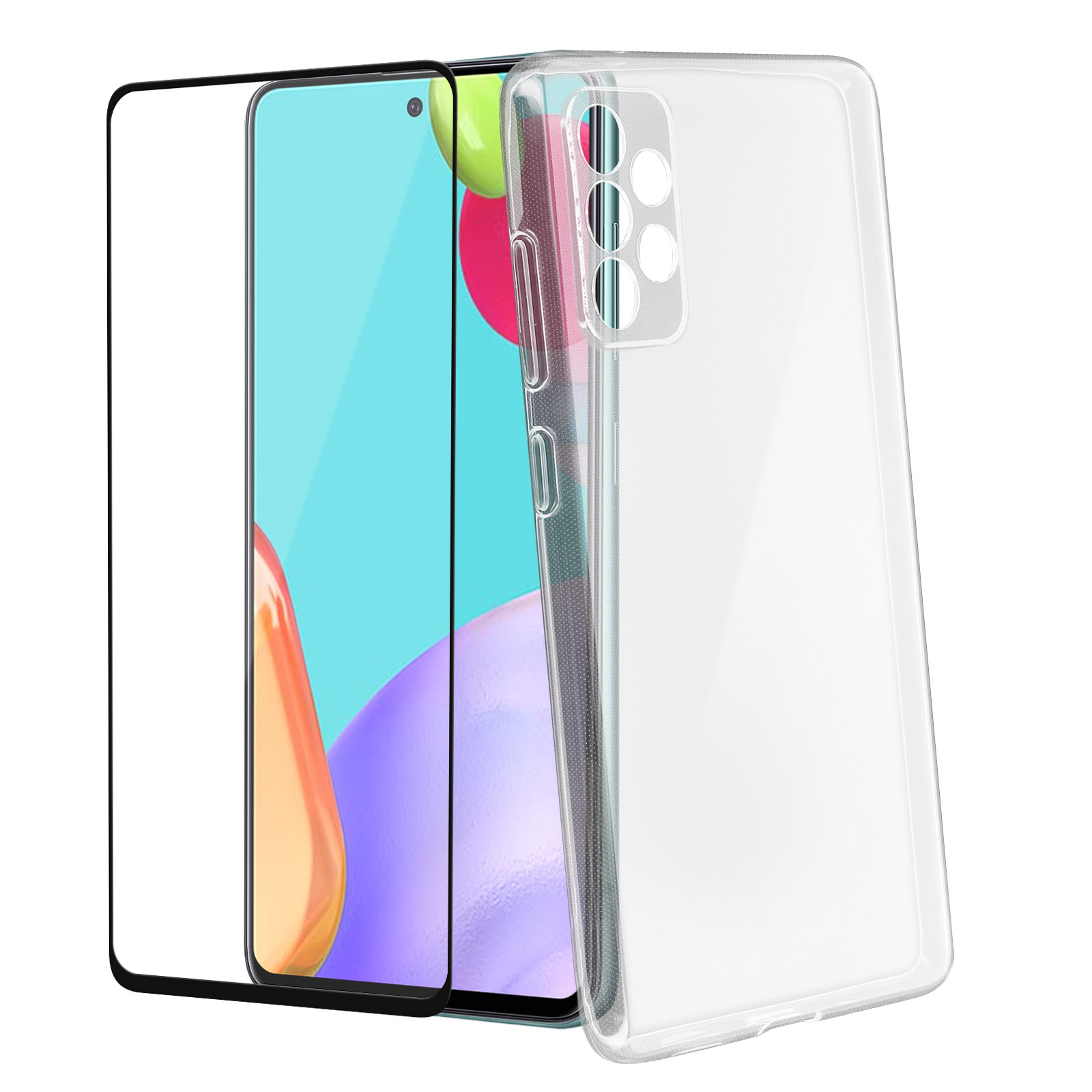 Telefon mit Schutz und Hülle. Telefon ist blau, Hülle ist klar. Weißer Hintergrund.