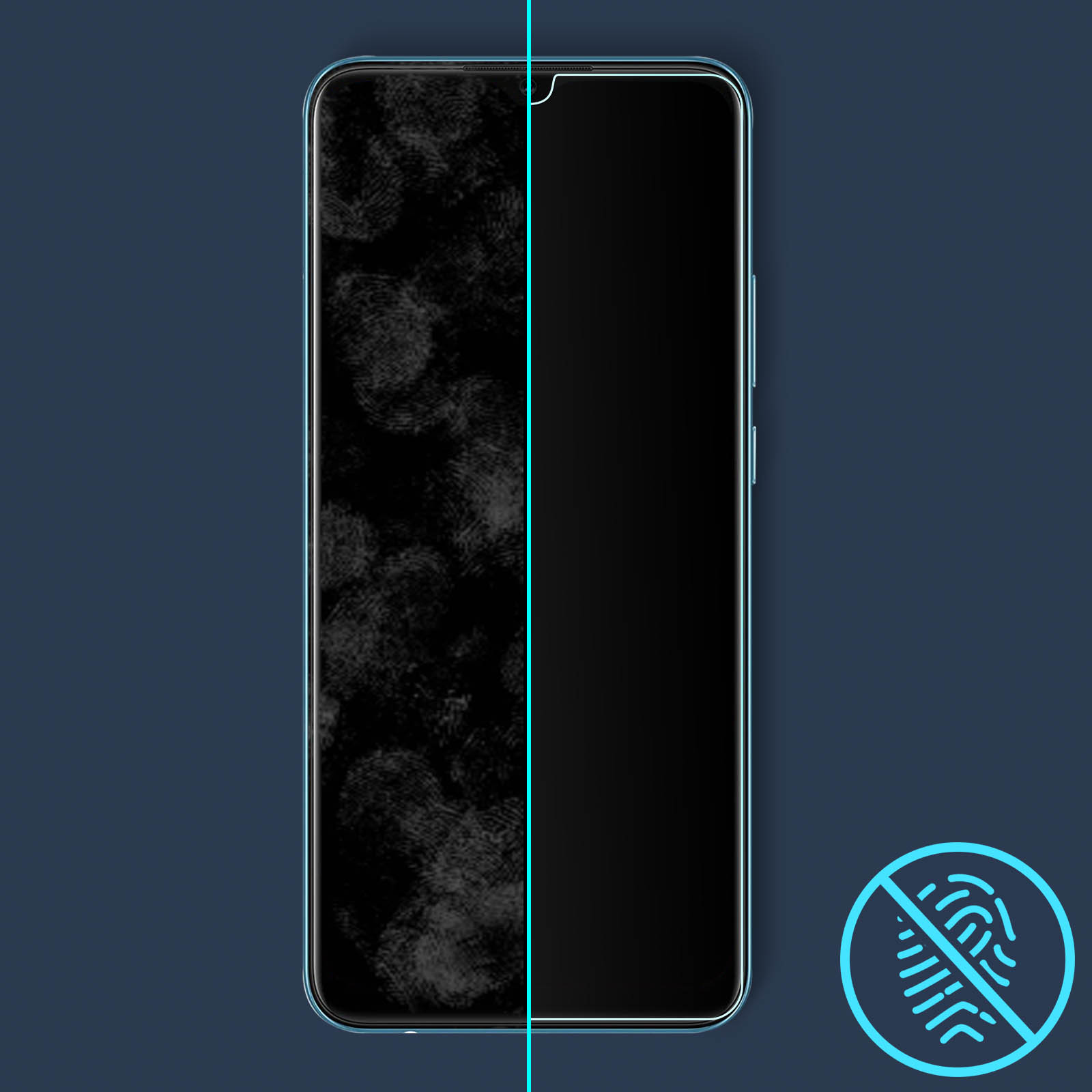 Uno schermo del telefono mostra la differenza tra schermo pulito e sporco. Nessuna impronta.