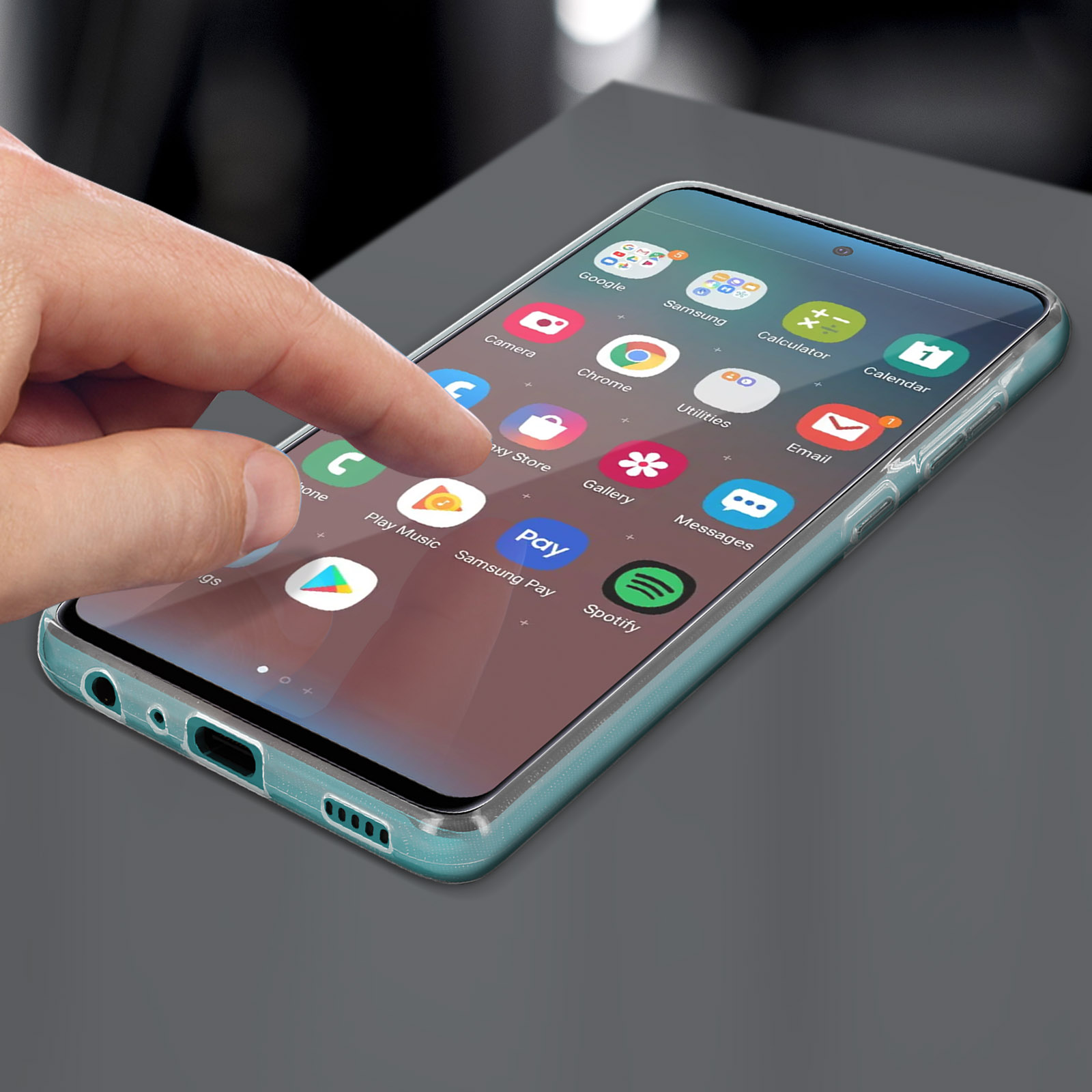 Ein Telefon mit klarer Hülle wird berührt. Der Startbildschirm zeigt App-Symbole.