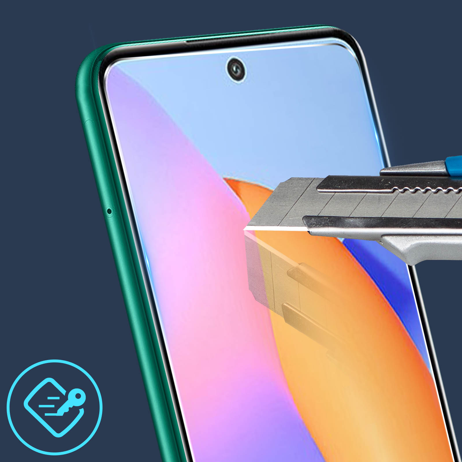 Un proteggi schermo viene testato con un coltello. Il protettore è su un telefono verde.