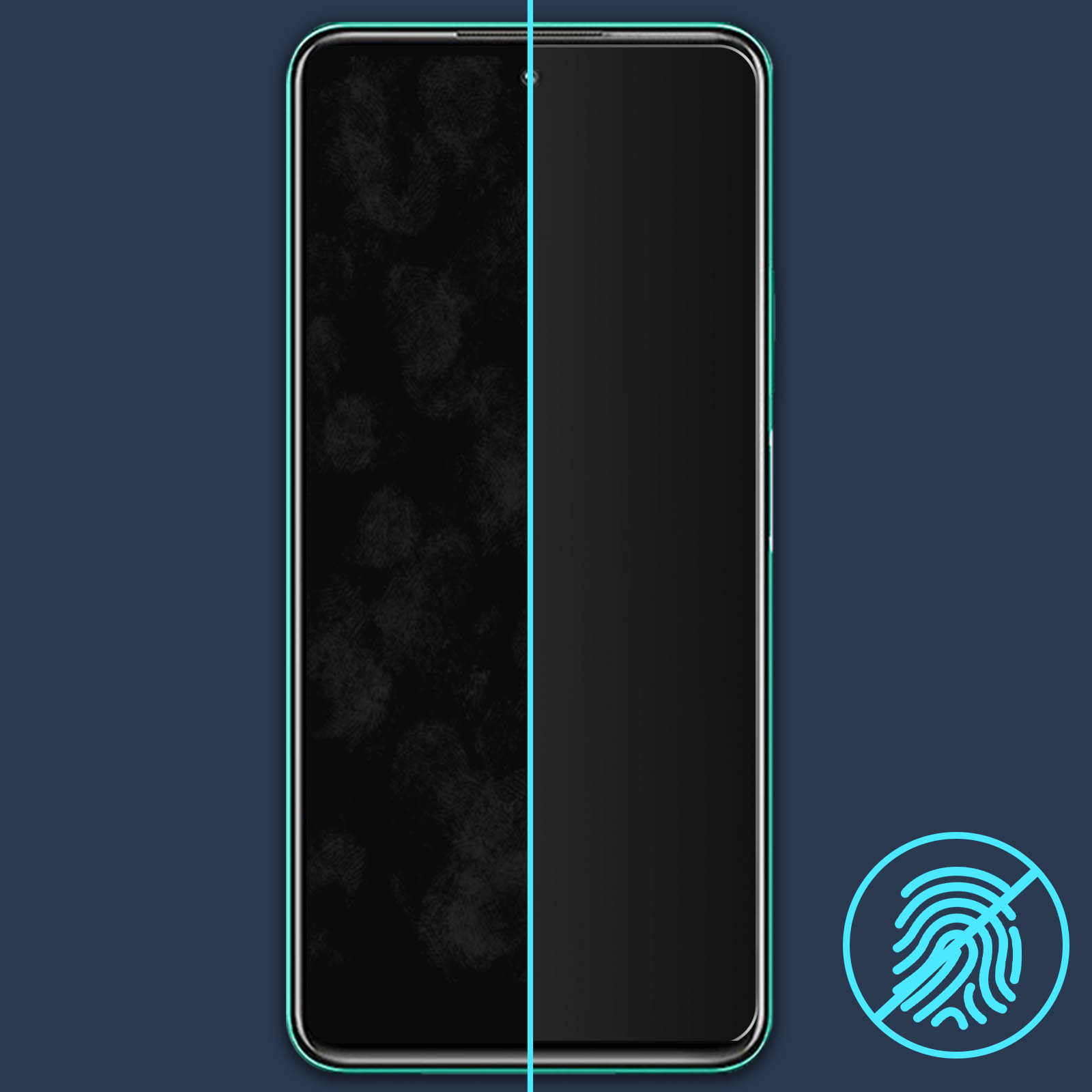 Uno schermo del telefono è diviso. Un lato sporco, l'altro pulito. Simbolo di impronta digitale.